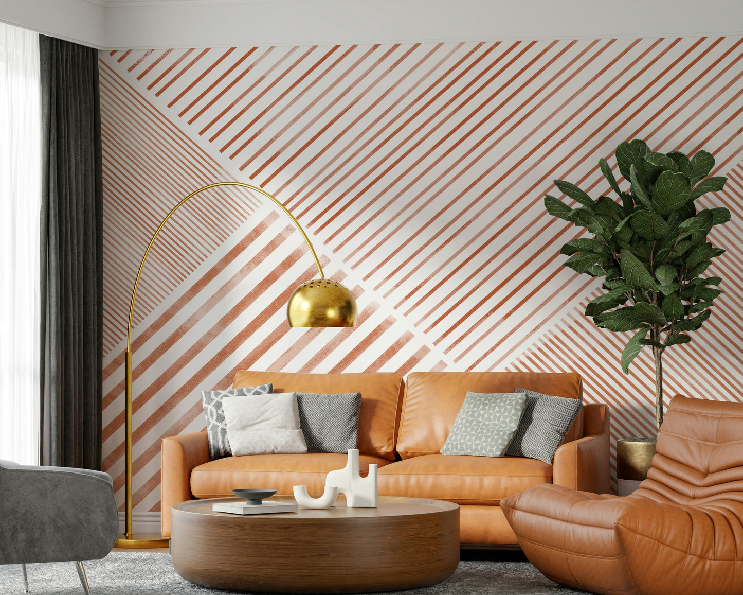 A peaceful striped pattern mural on decorative wallpaper.