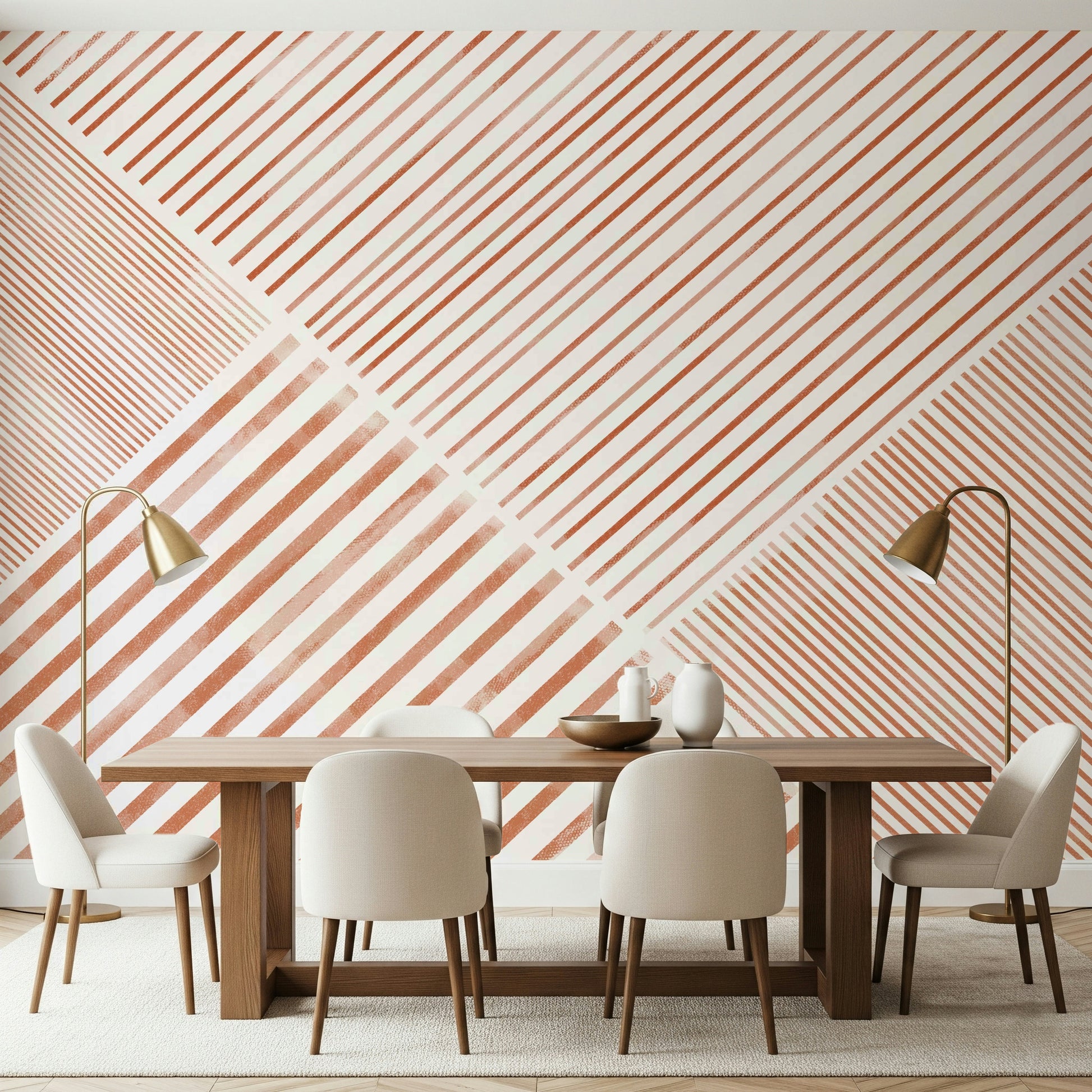 An artistic modern stripe mural on minimalist wallpaper.