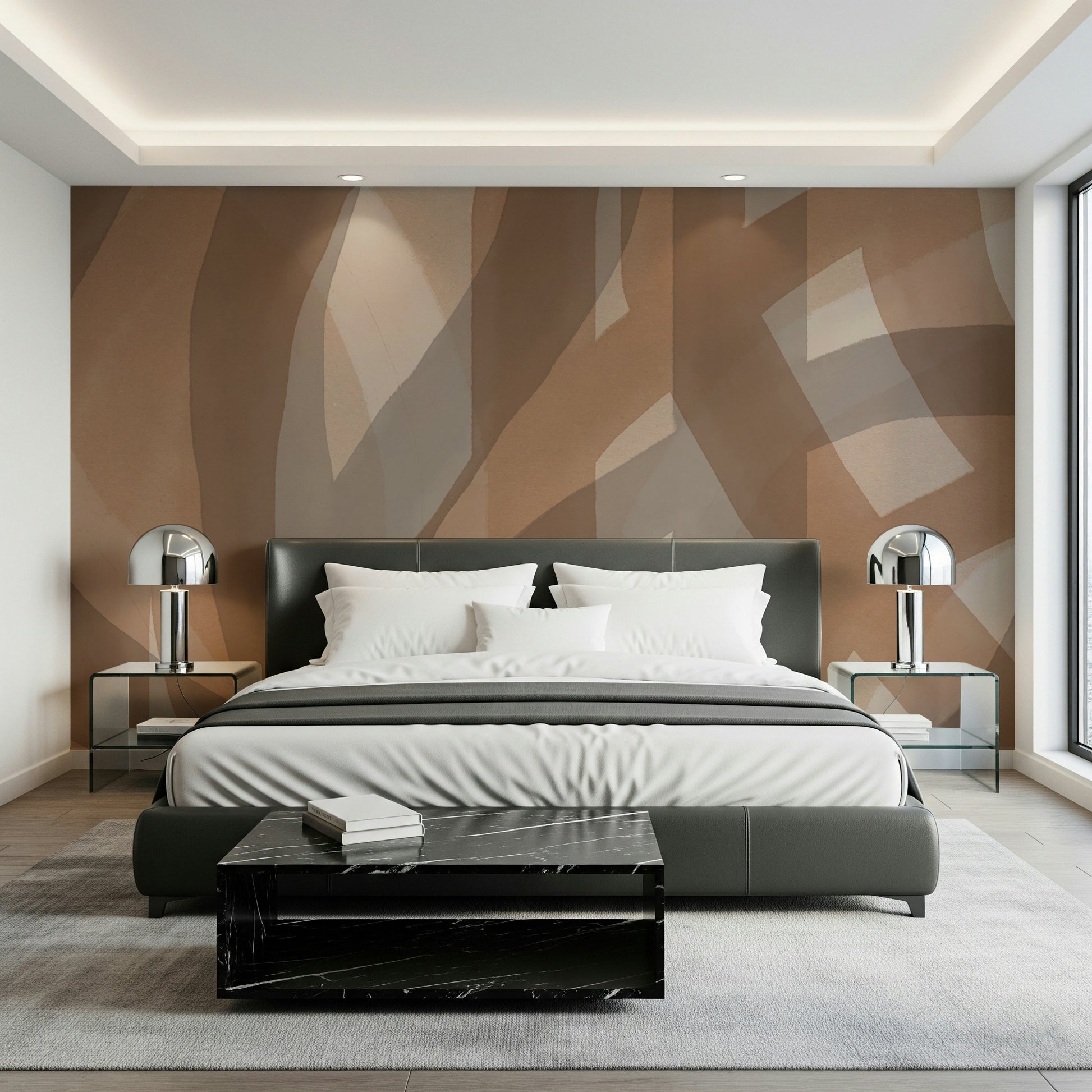 A beautiful abstract flow wallpaper mural in mocha tones.

