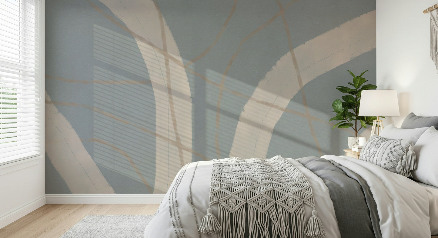 A graceful subtle curve wall mural in cool, tranquil tones.