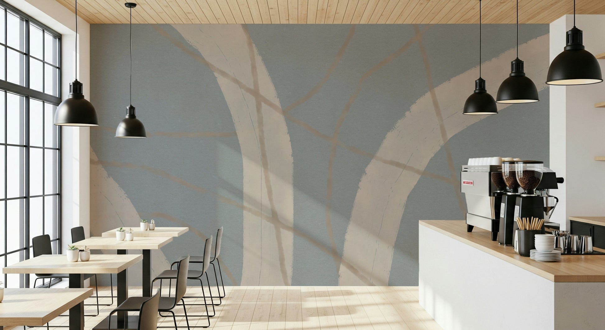 A calming abstract design wallpaper mural that defines a space.