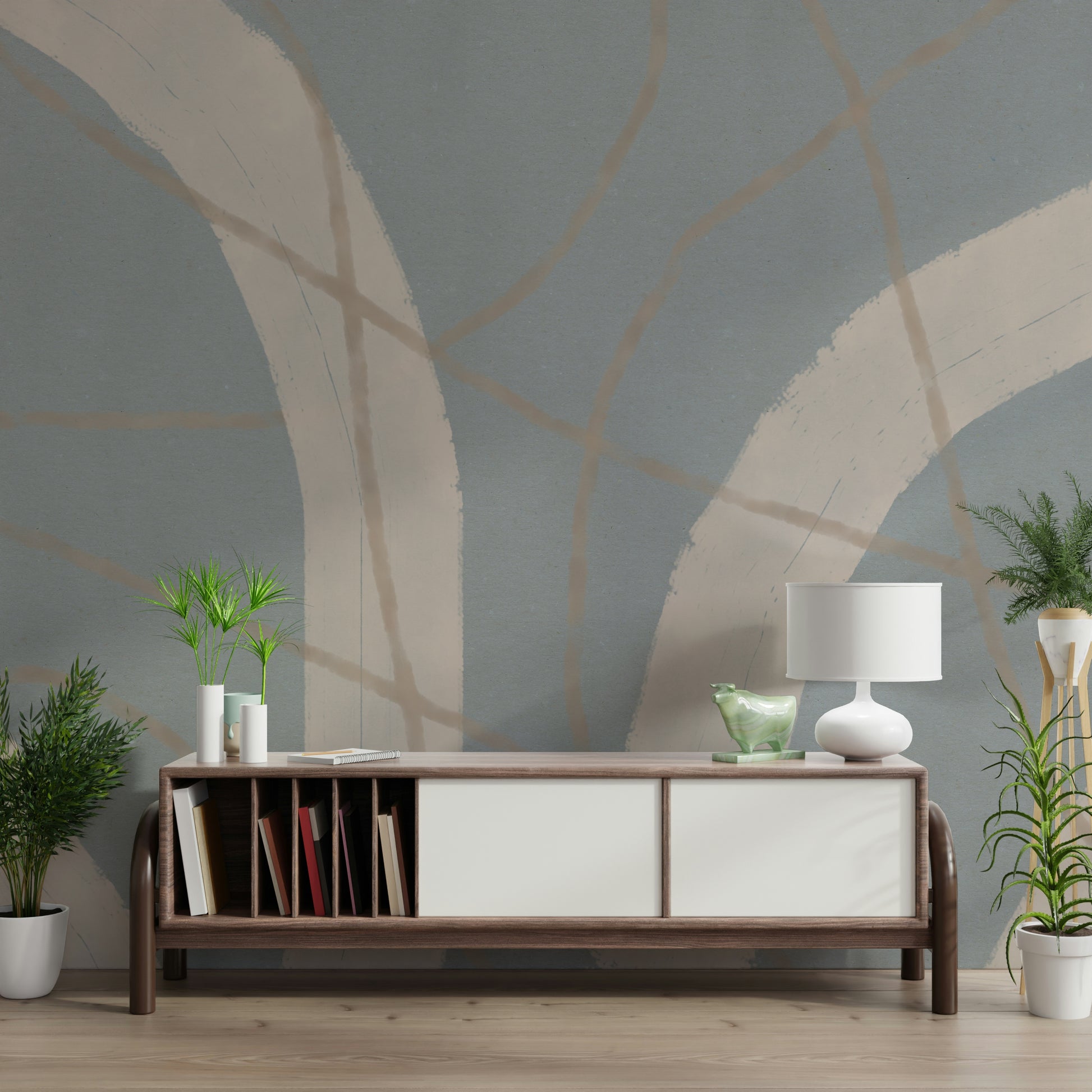 An artistic modern pattern mural on minimalist wallpaper.