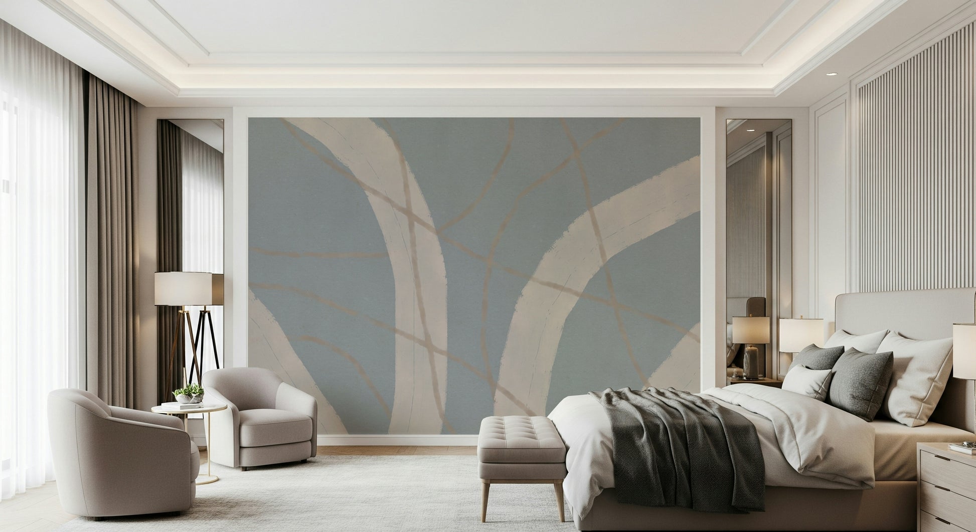 A beautiful abstract curved stroke wallpaper mural for a modern home.