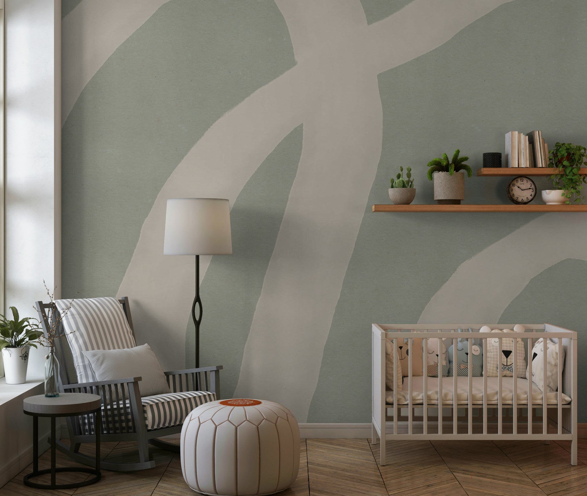 An artistic modern pattern mural on minimalist wallpaper.