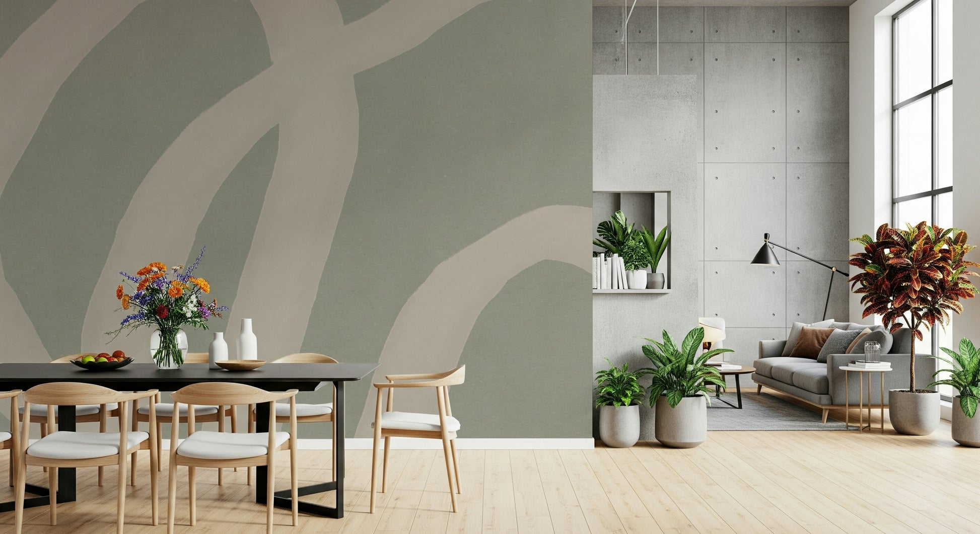 A calming abstract design wallpaper mural that defines a space.