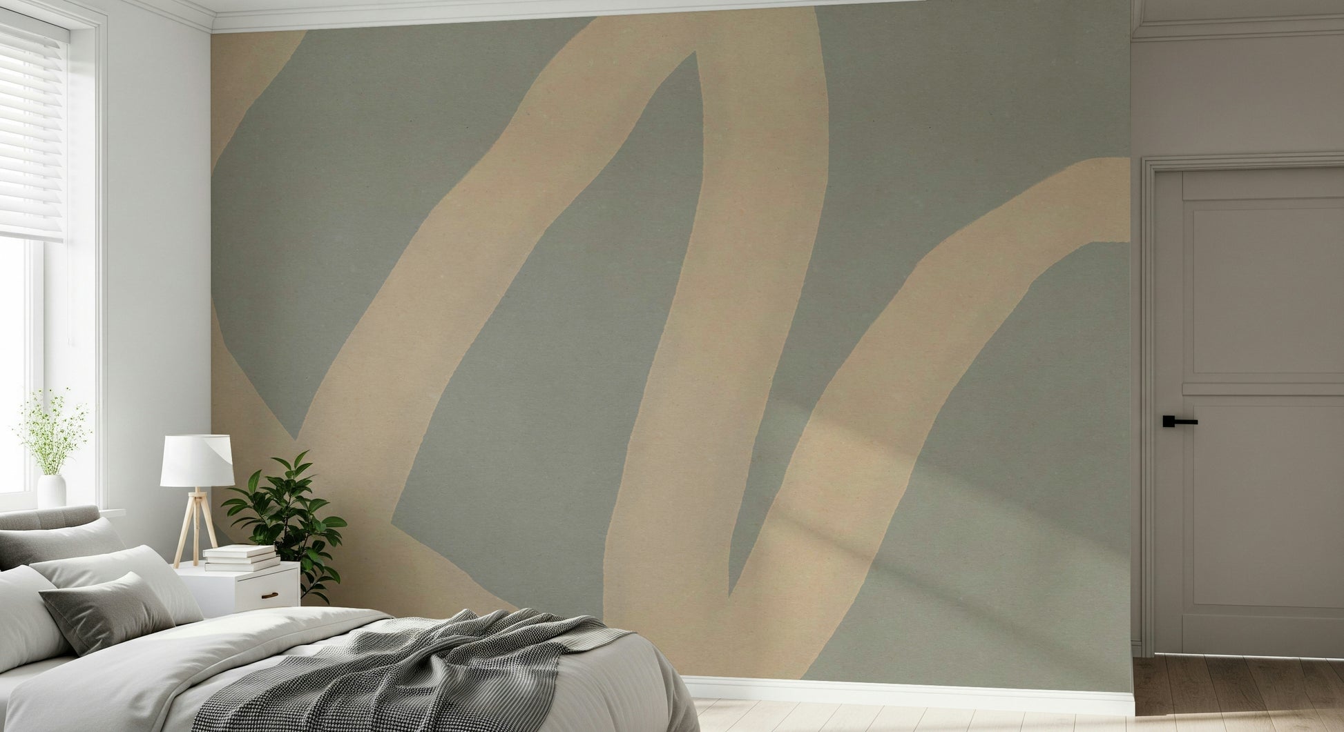 A peaceful modern abstract mural on decorative wallpaper.