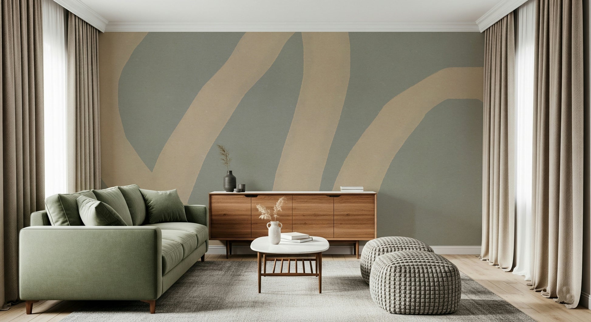 A beautiful abstract curved line wallpaper mural for a modern home.