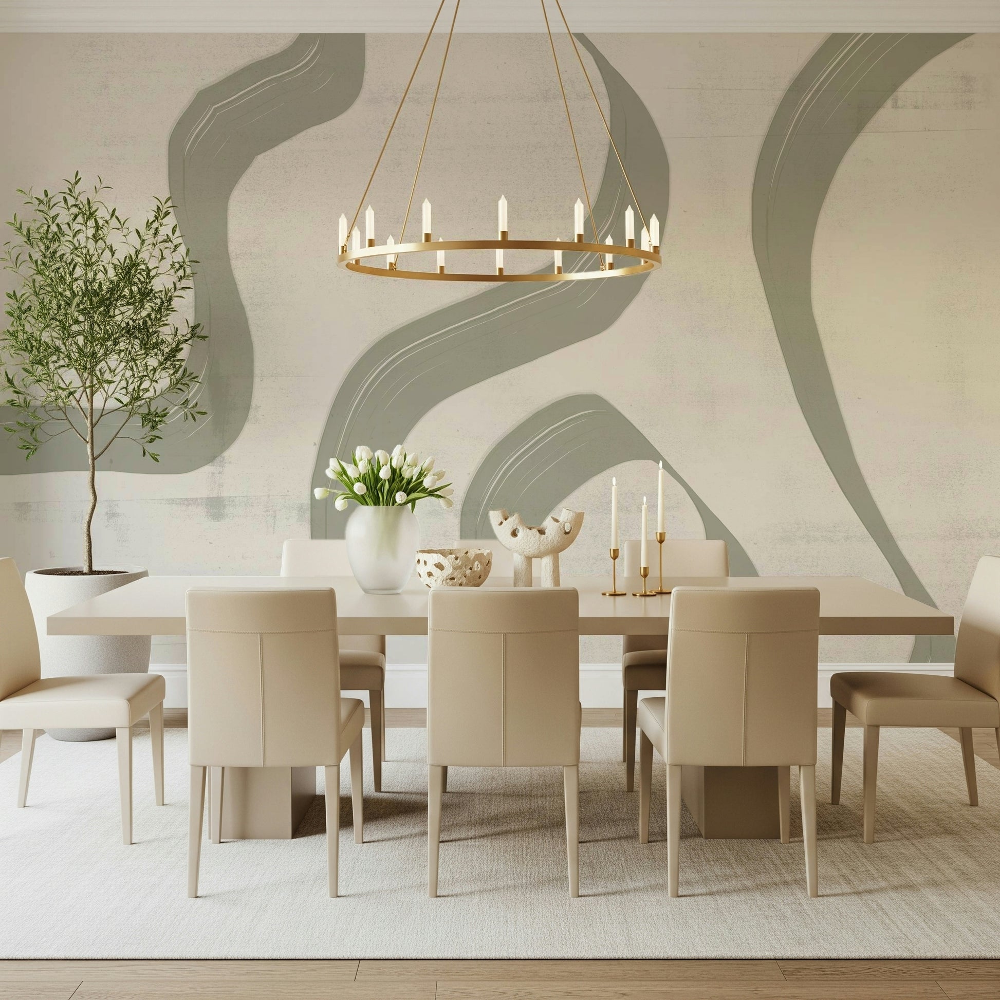 A beautiful abstract brushstroke wallpaper mural in soft sage green.