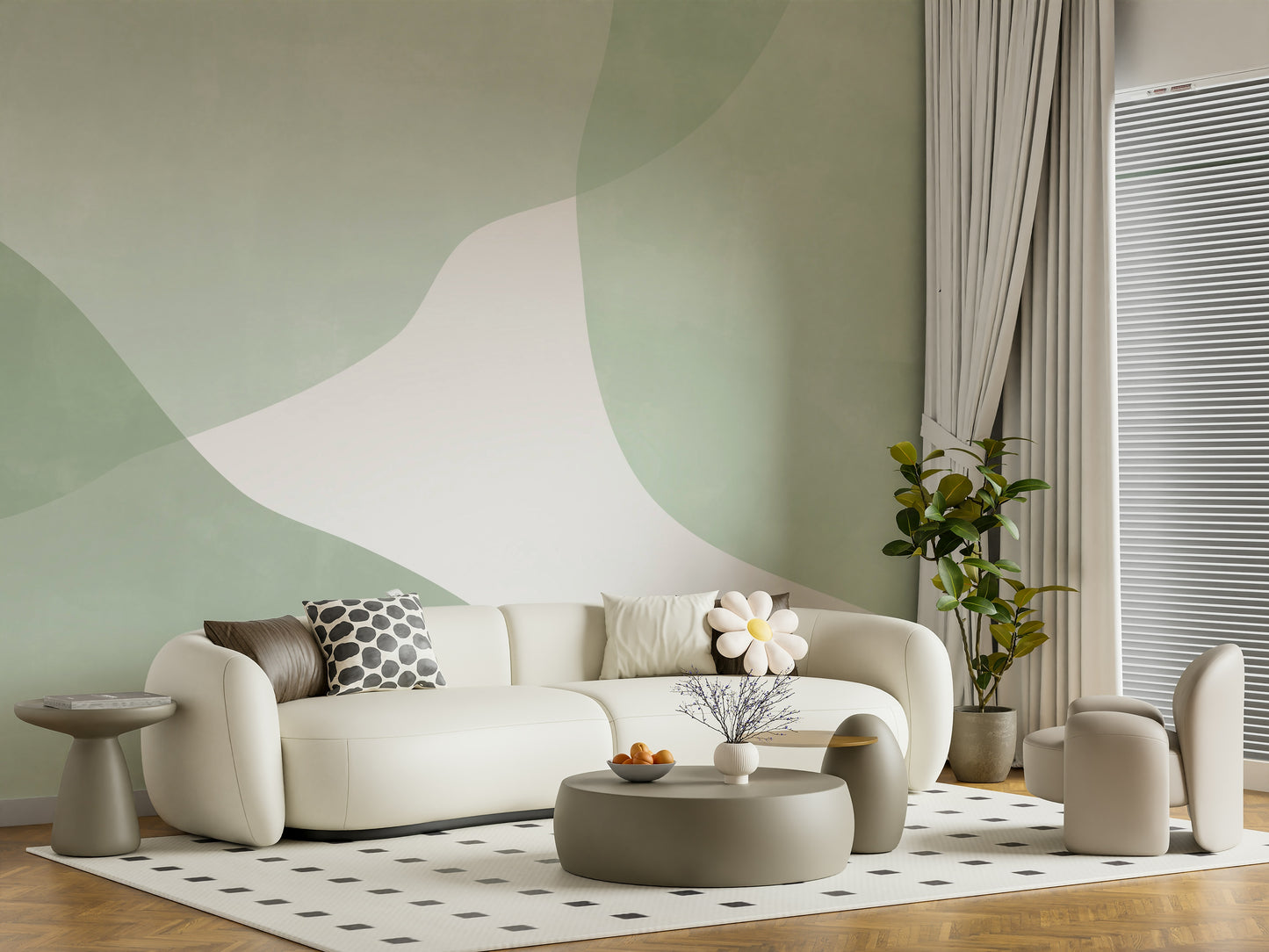 A peaceful modern abstract mural on decorative wallpaper.