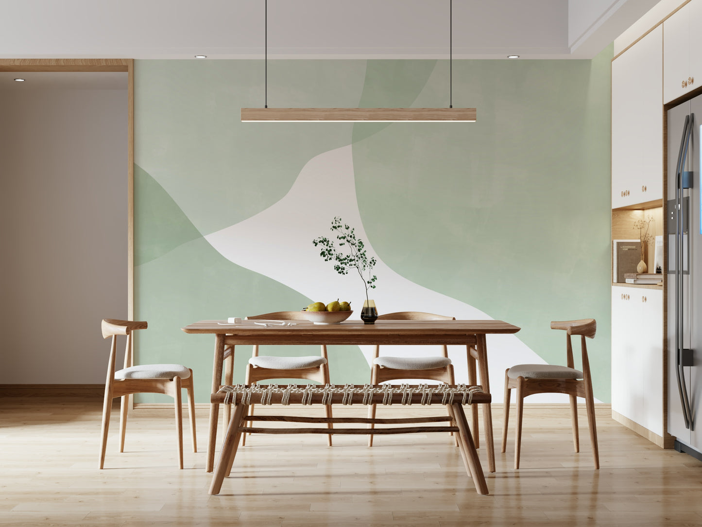 An artistic soft focus mural on minimalist wallpaper.