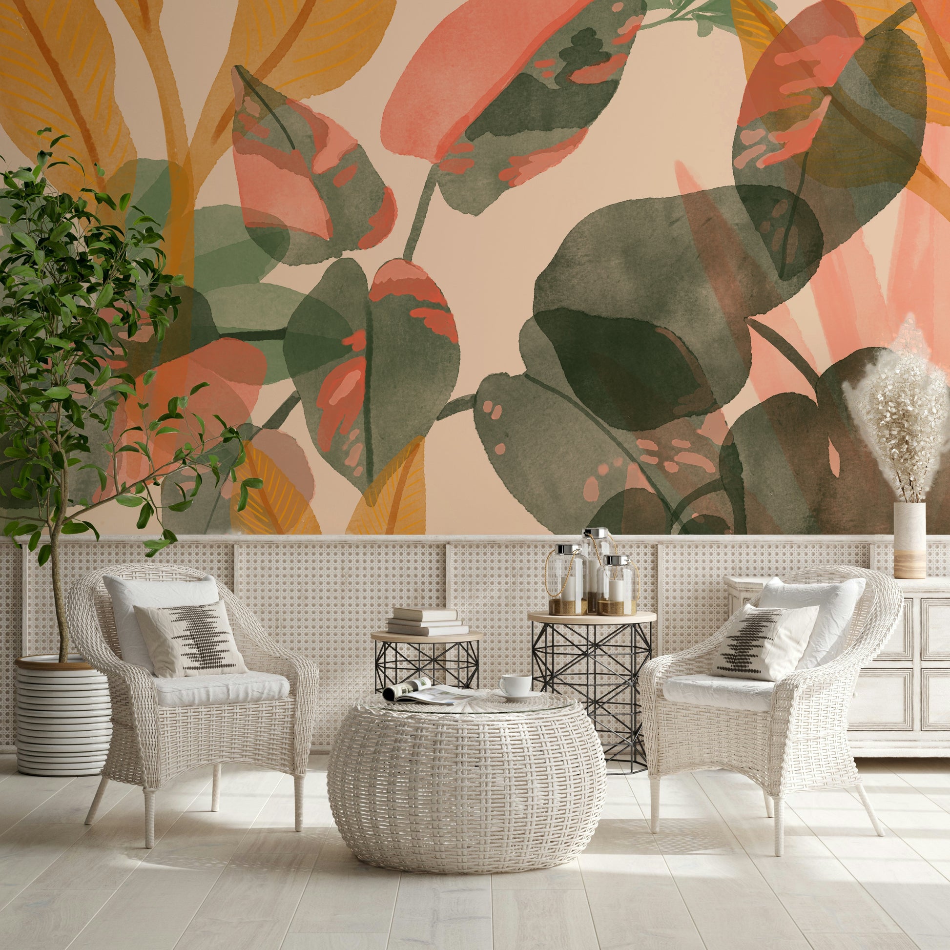 A contemplative floral pattern wallpaper mural for a feature wall.