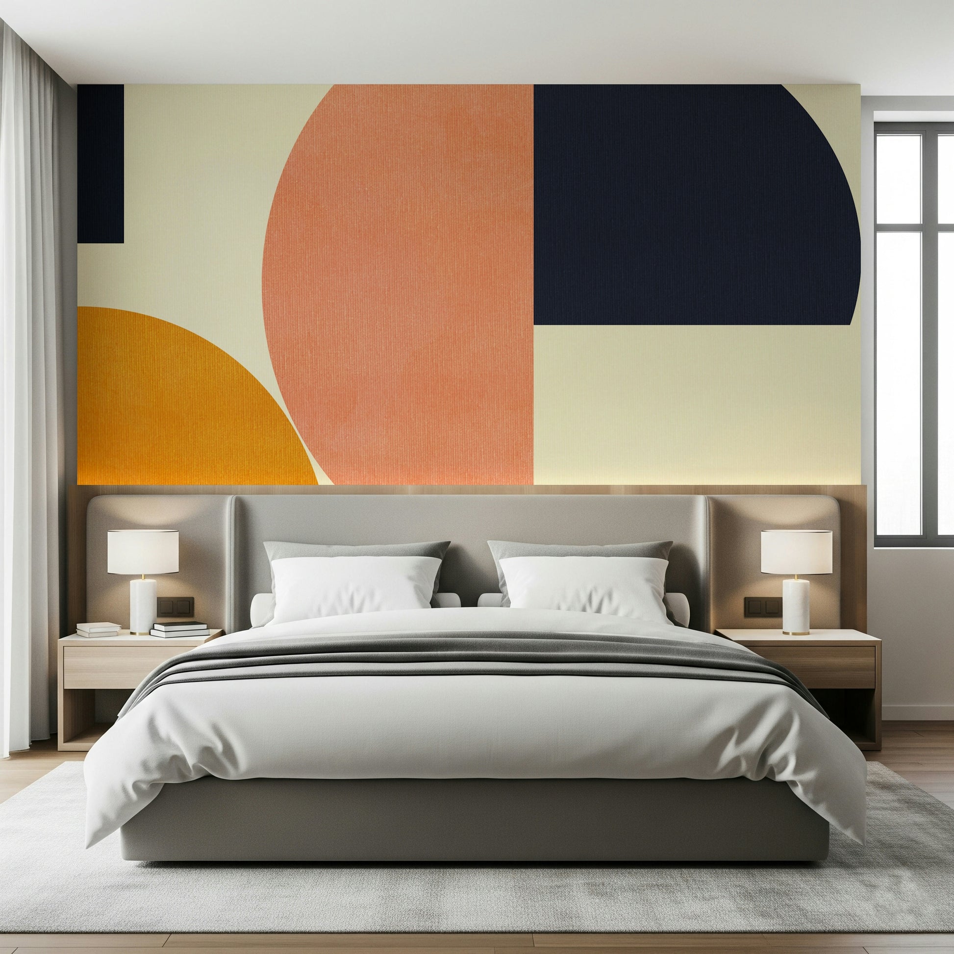 An artistic mid-century design mural on minimalist wallpaper.