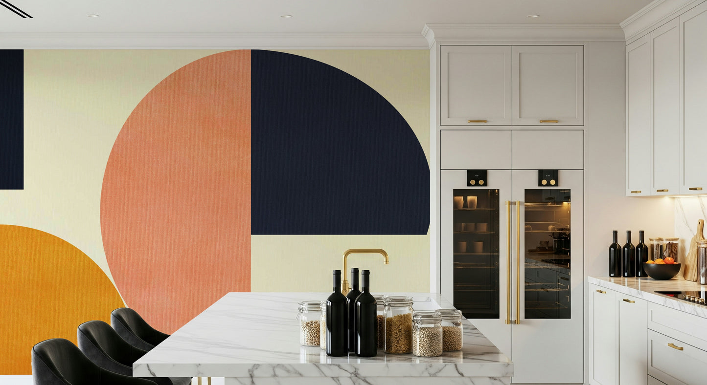 A peaceful retro abstract mural on decorative wallpaper.