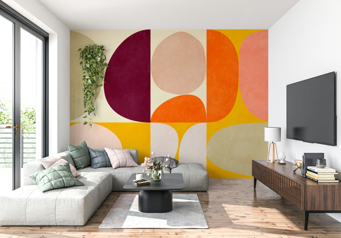 A graceful subtle curve wall mural in cool, tranquil tones.