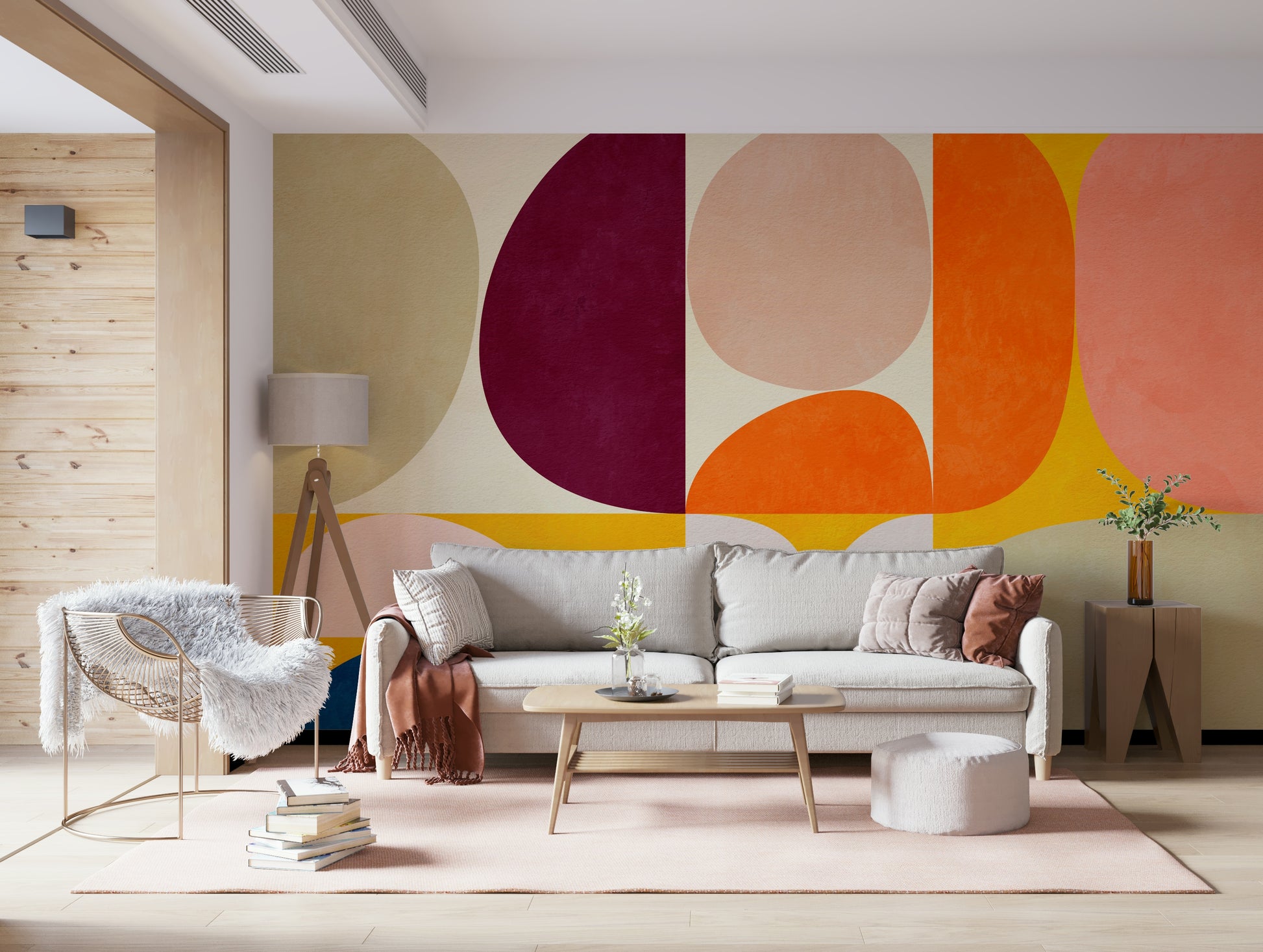 An artistic modern pattern mural on minimalist wallpaper.