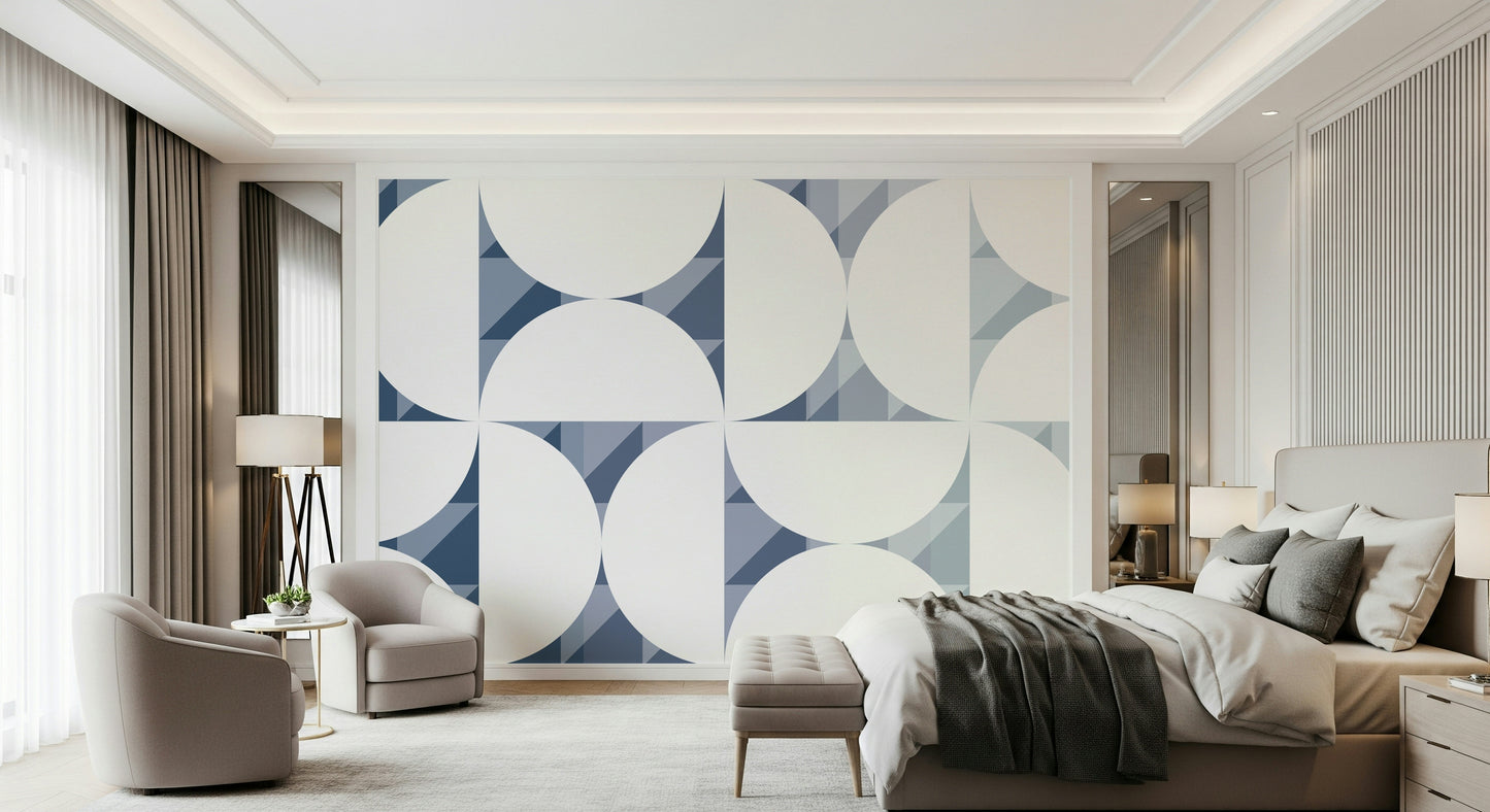 A graceful subtle block wall mural in cool, blue tones.