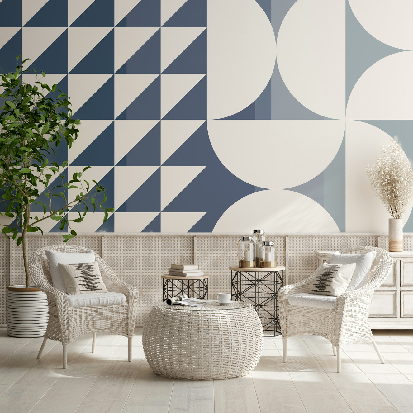 A beautiful abstract geometric wallpaper mural with triangles and curves.