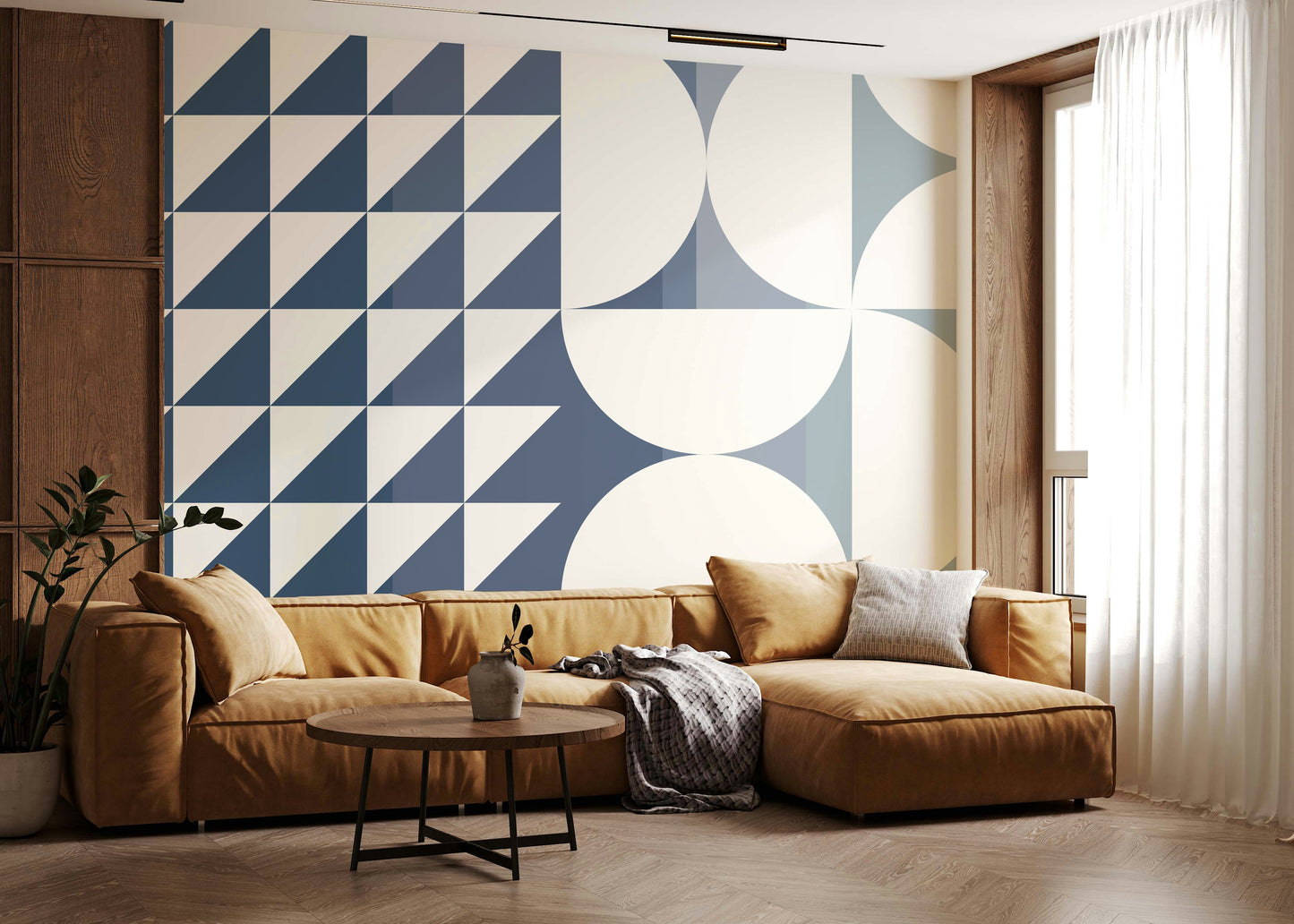 A graceful subtle block wall mural in cool, natural tones.