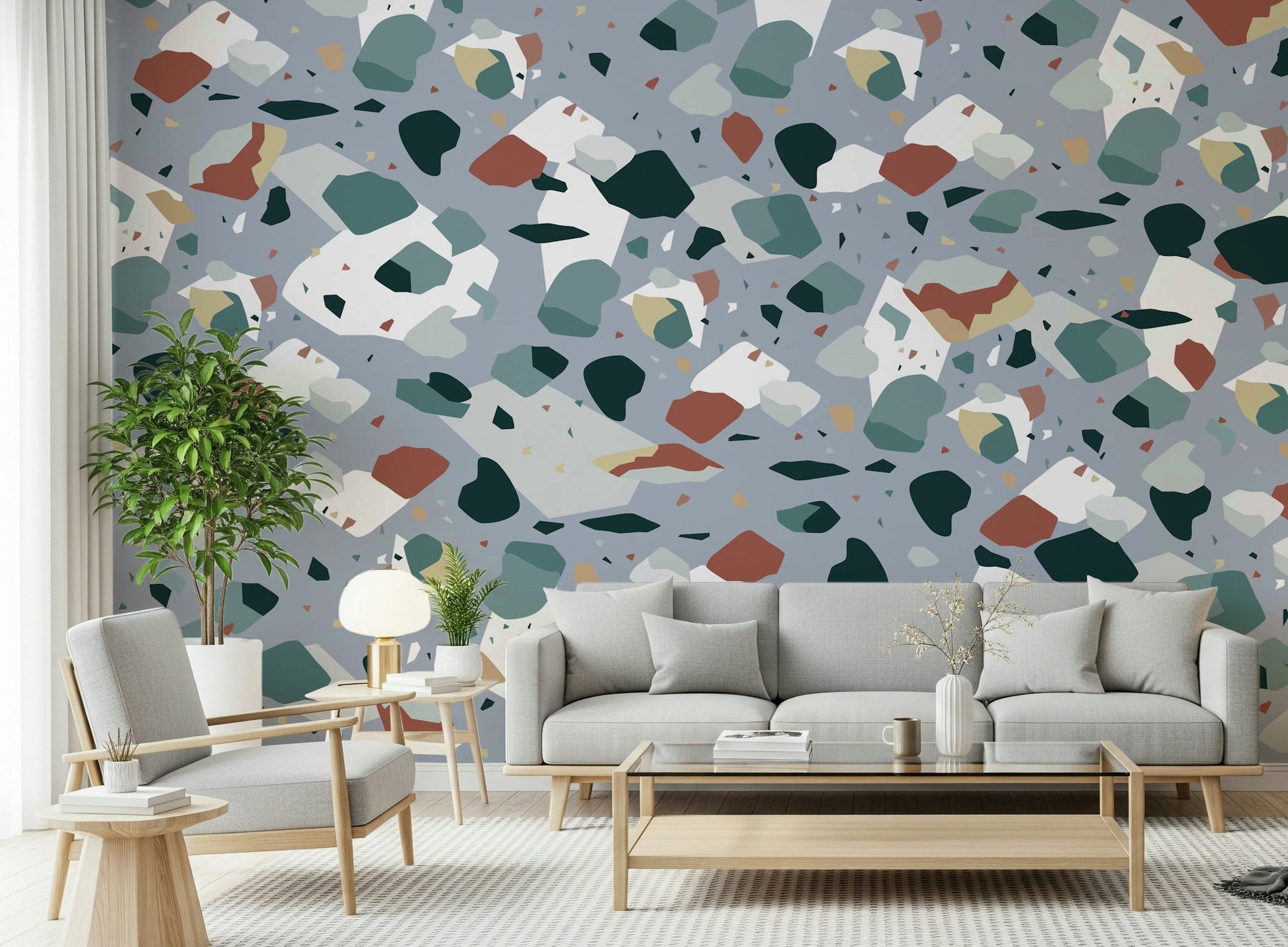 A graceful subtle geometric wall mural in cool, natural tones.