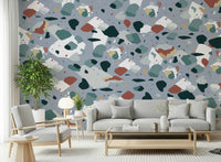 A graceful subtle geometric wall mural in cool, natural tones.