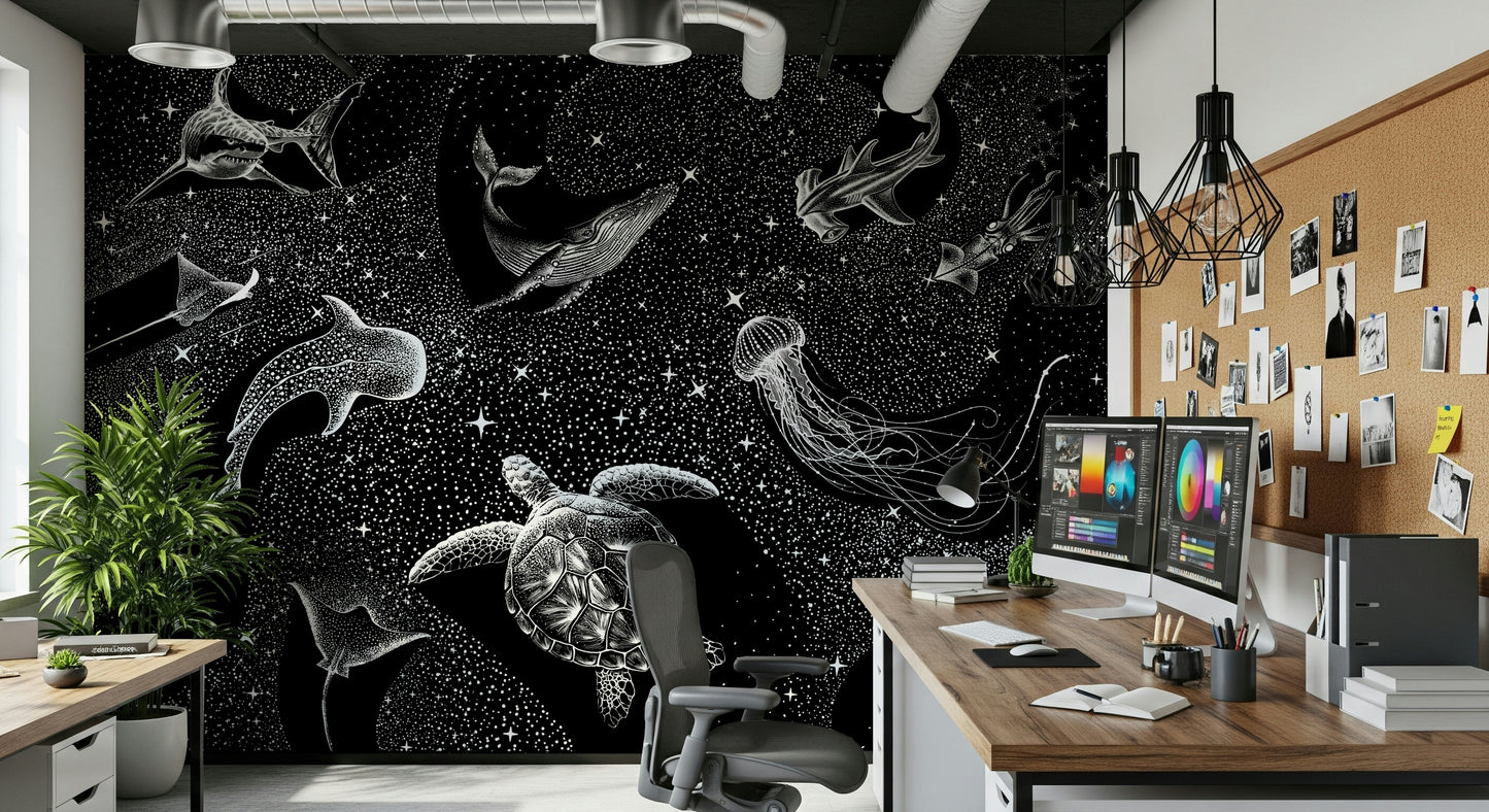 An artistic abstract galaxy mural on minimalist wallpaper.