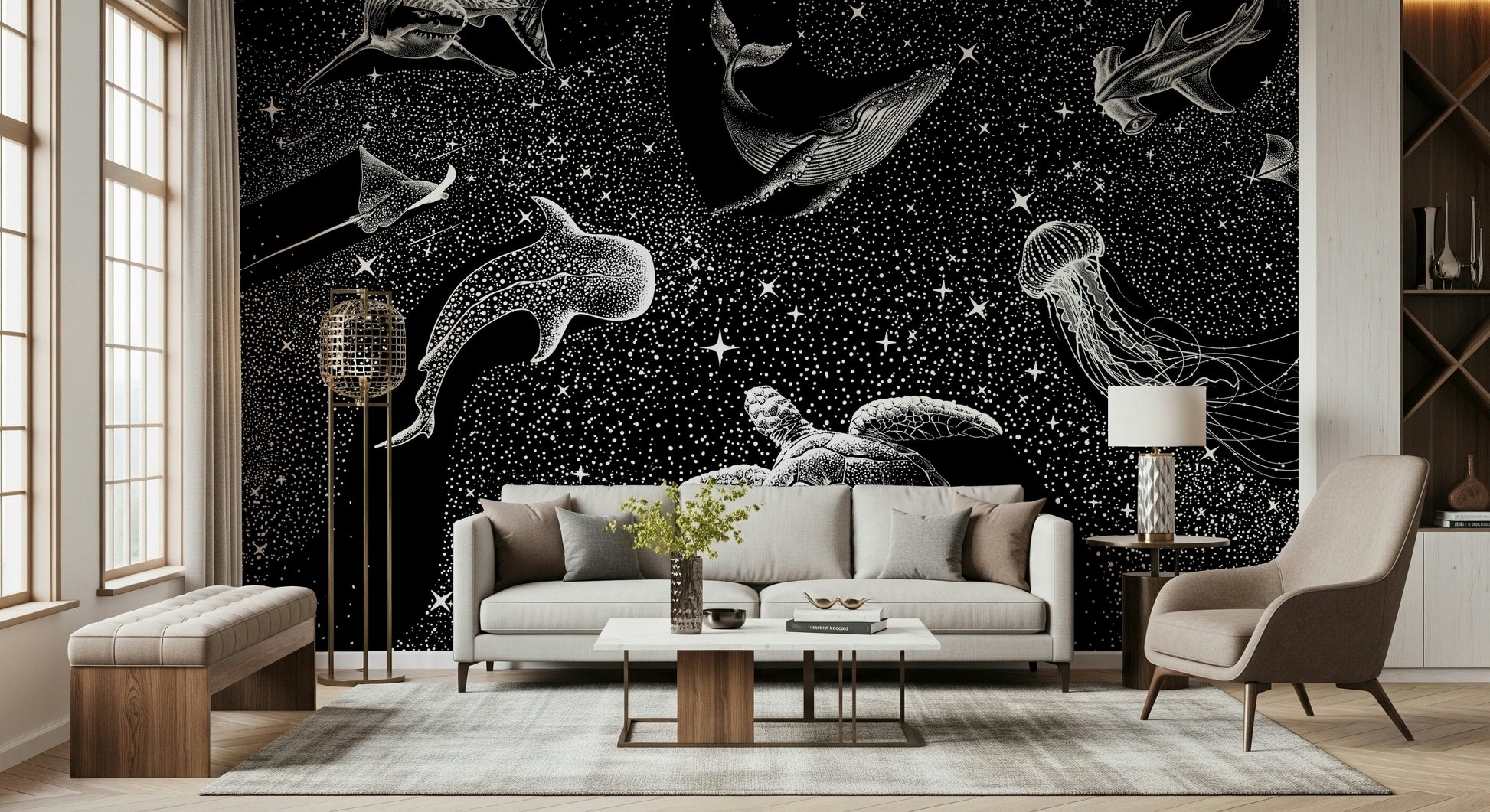 A beautiful modern art wall mural of the cosmos.