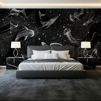 A peaceful open universe mural on decorative wallpaper.