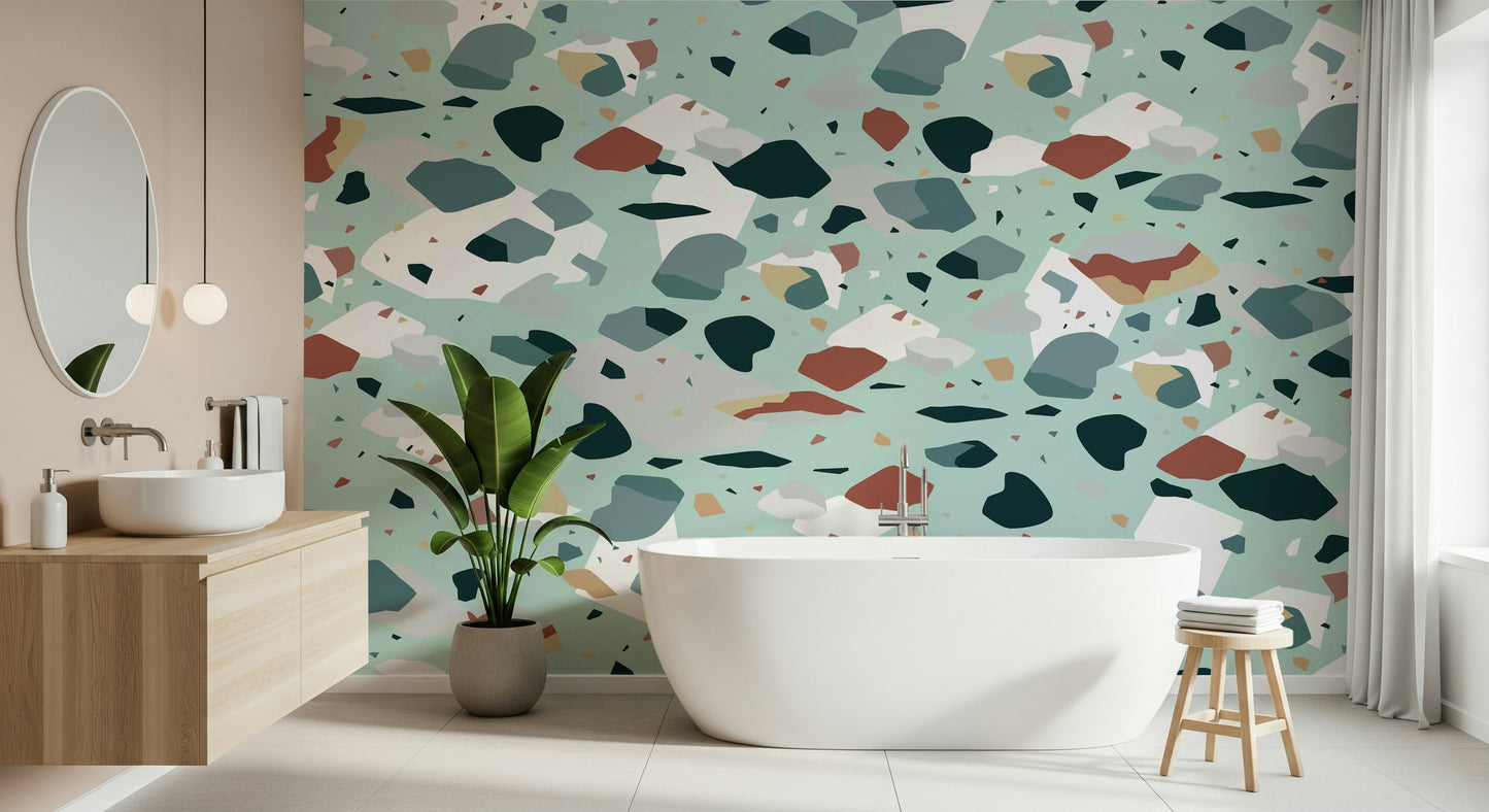 An artistic abstract shape mural on minimalist wallpaper.