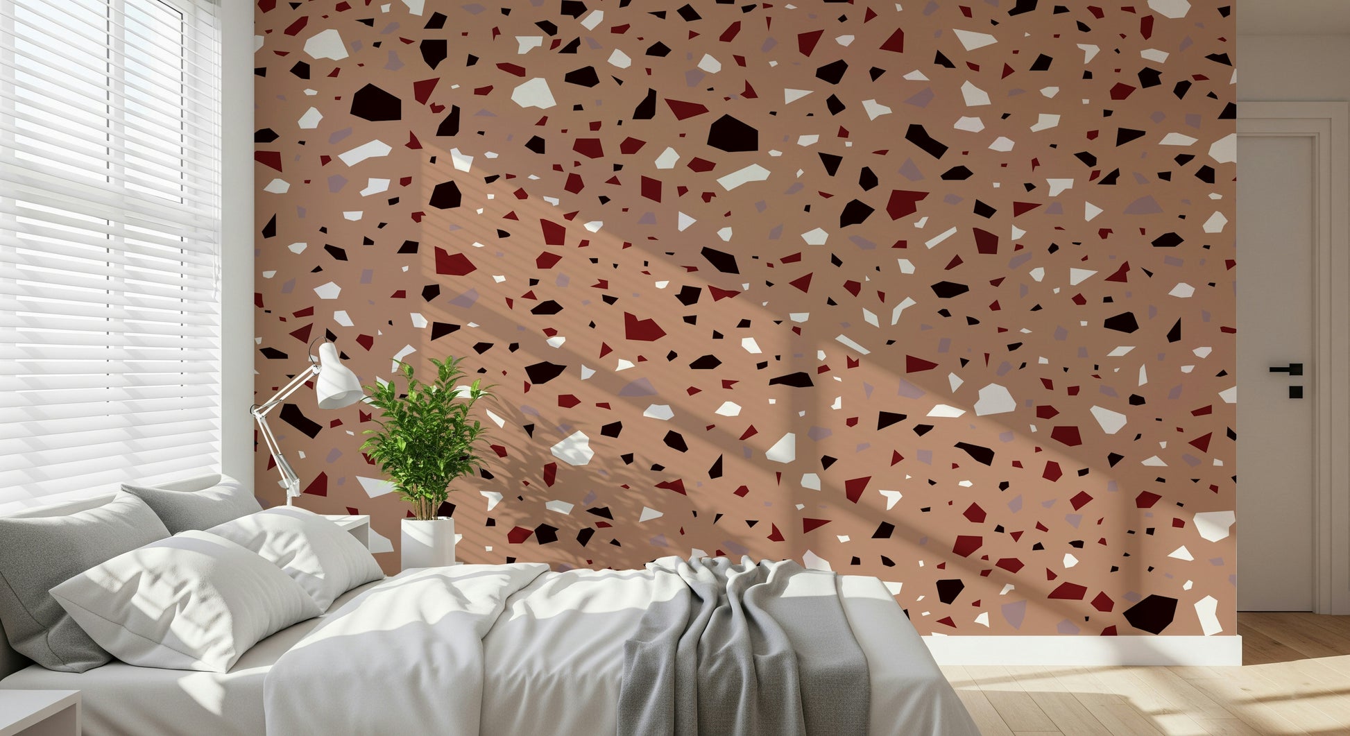 A peaceful modern abstract mural on decorative wallpaper.