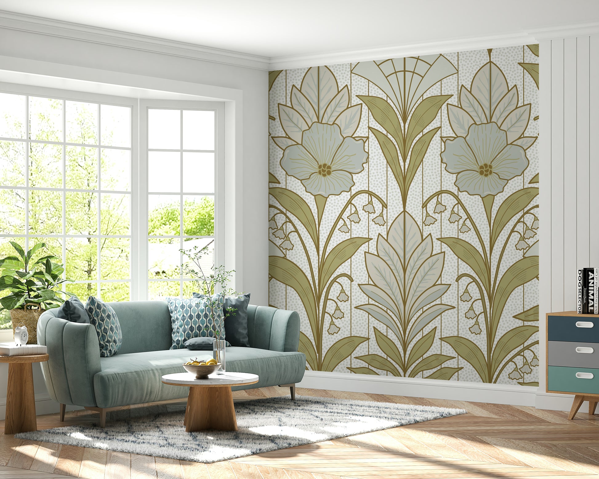 A peaceful Art Deco design mural on decorative wallpaper.