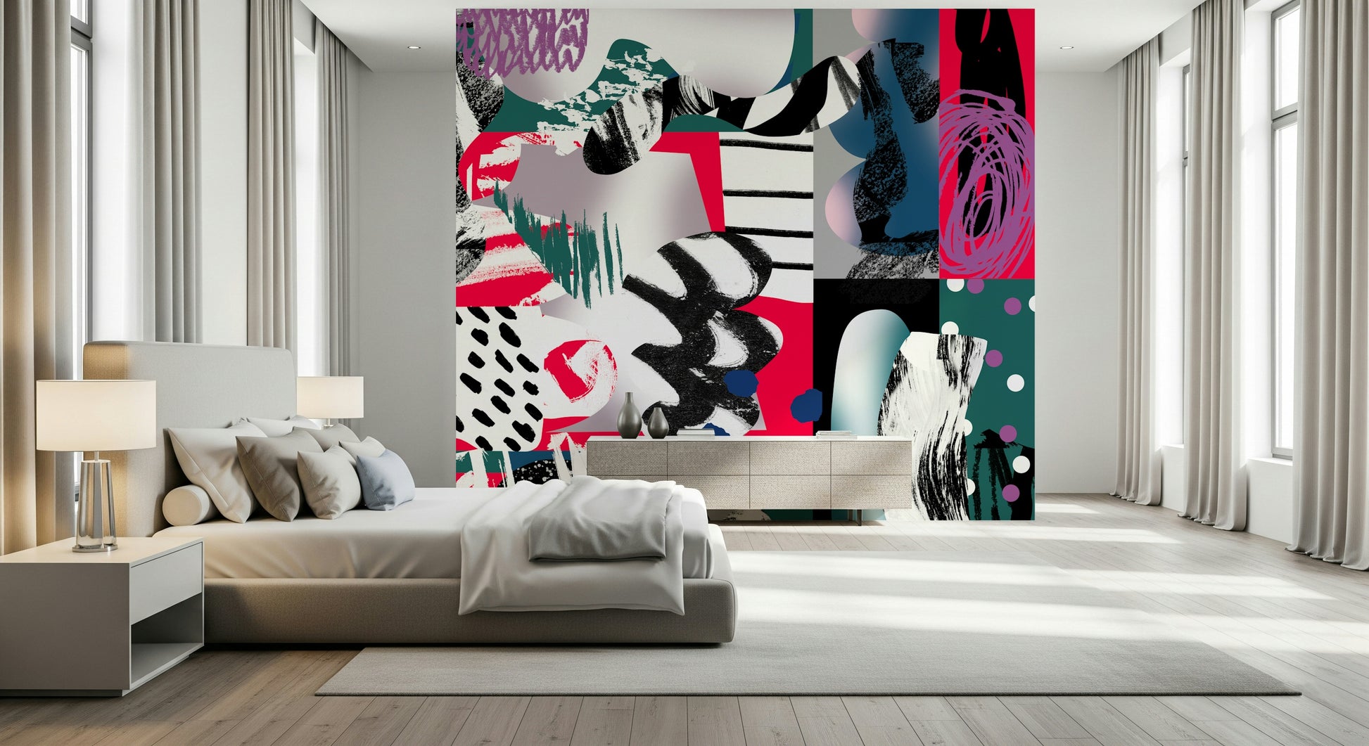 An artistic abstract color mural on minimalist wallpaper.
