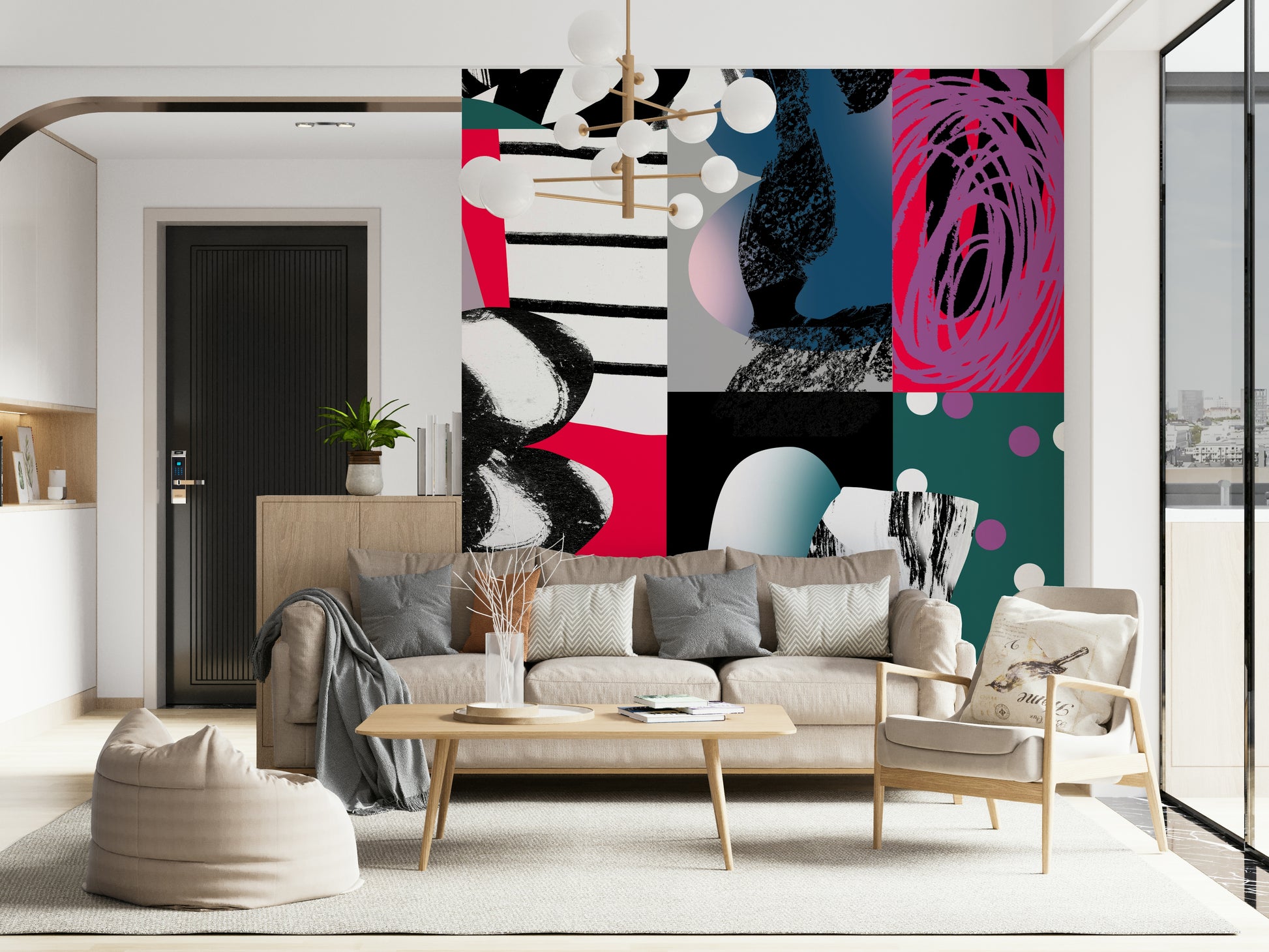 A graceful subtle energy wall mural in bright, conflicting tones.