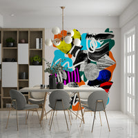 A peaceful modern abstract mural on decorative wallpaper.
