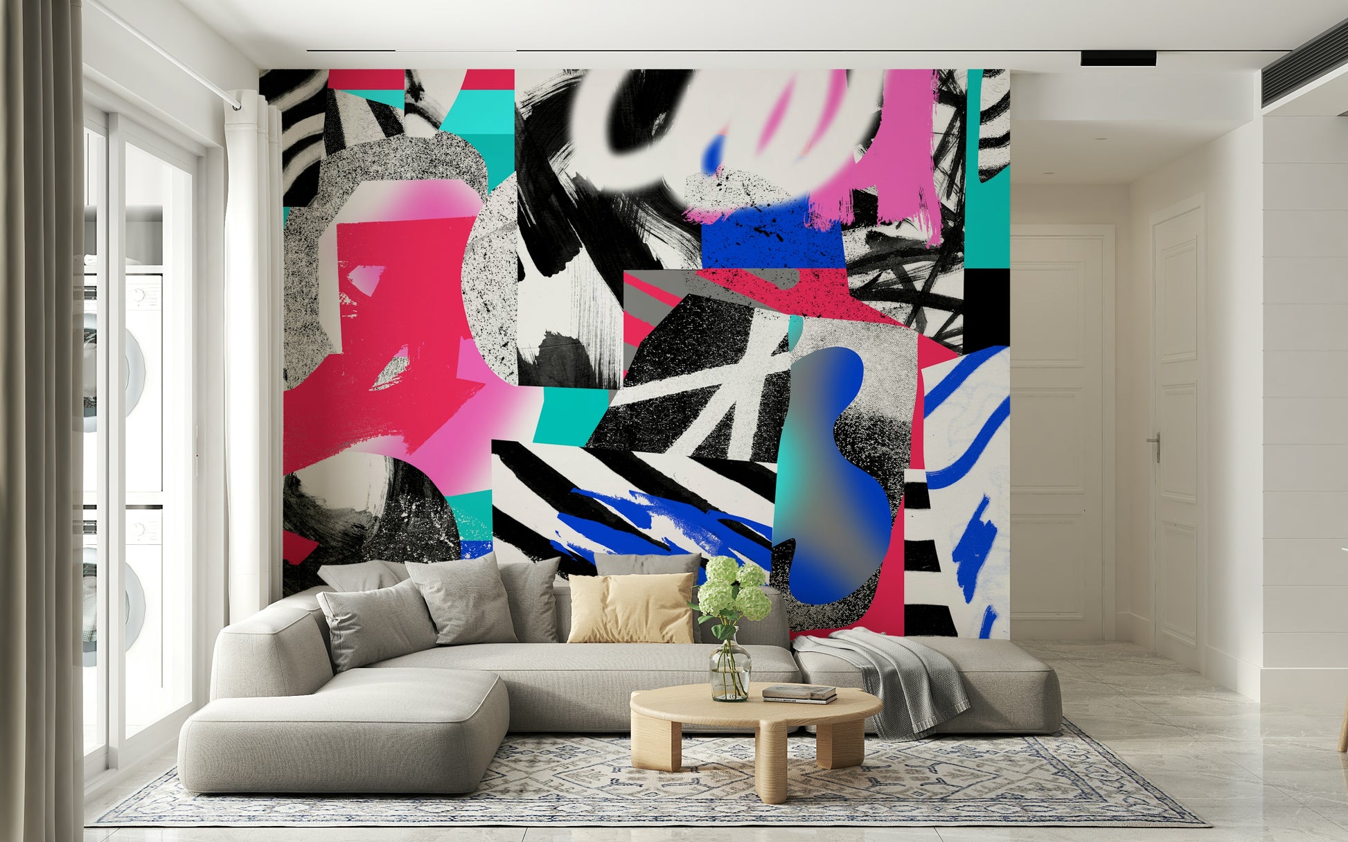 A contemplative geometric design wallpaper mural for a feature wall.