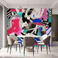 An artistic abstract shape mural on minimalist wallpaper.
