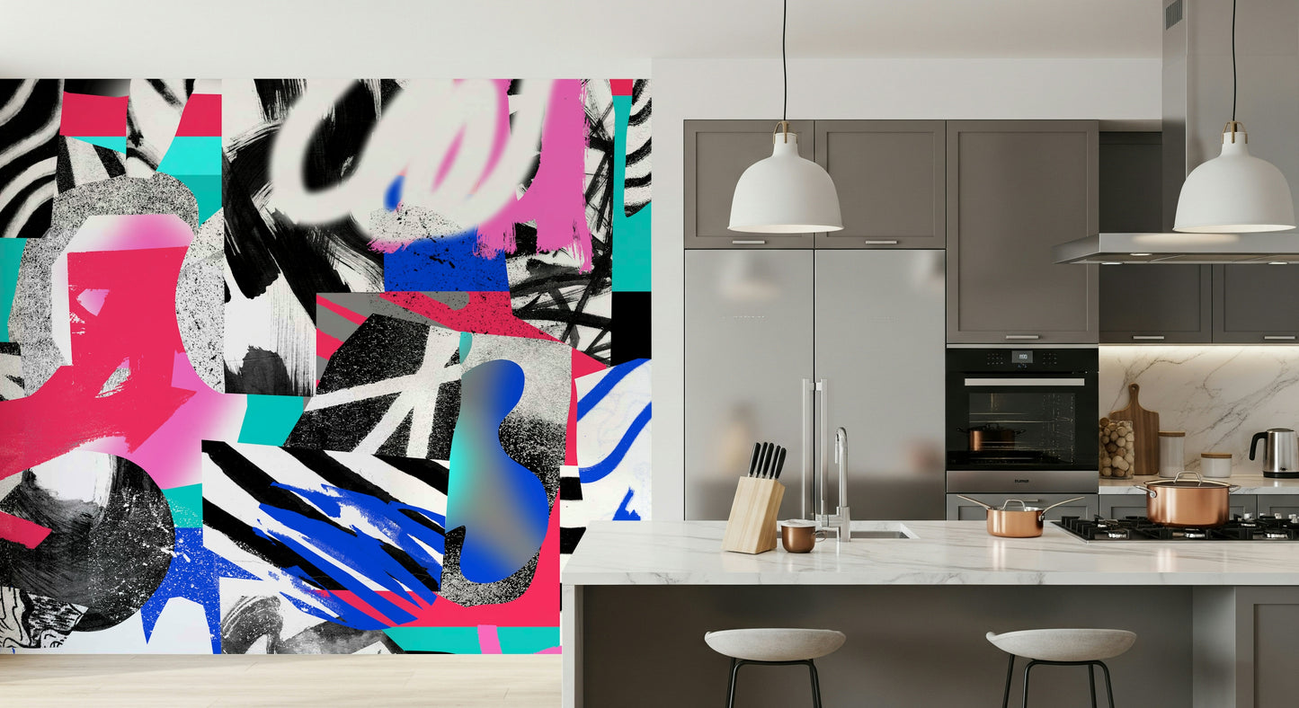 A graceful subtle block wall mural in cool, natural tones.