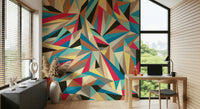 An artistic abstract shape mural on minimalist wallpaper.