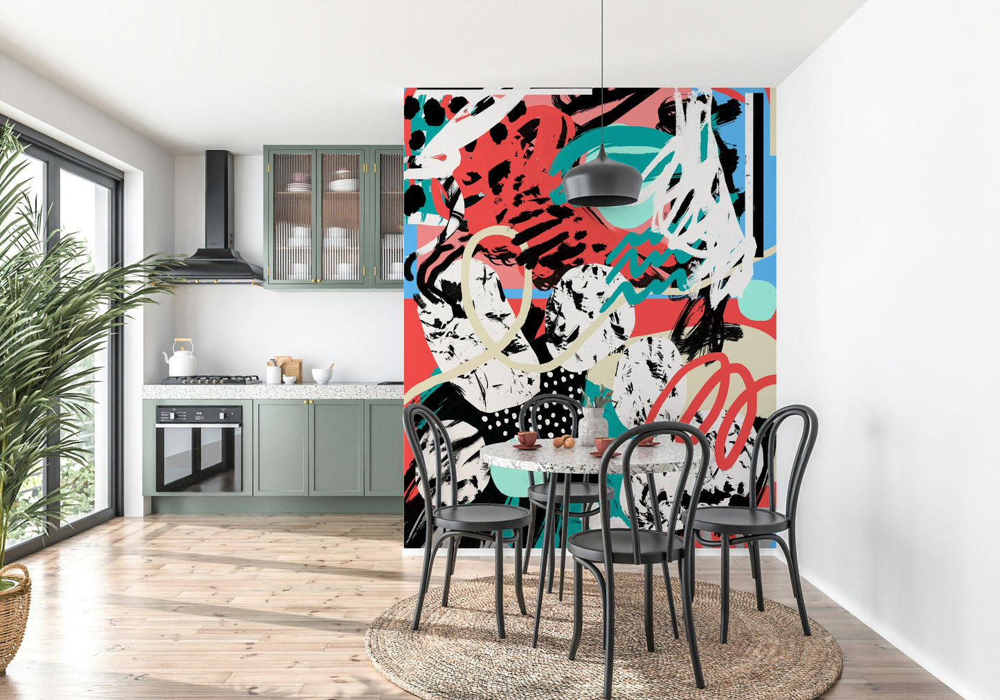 A peaceful open sky mural on decorative wallpaper.