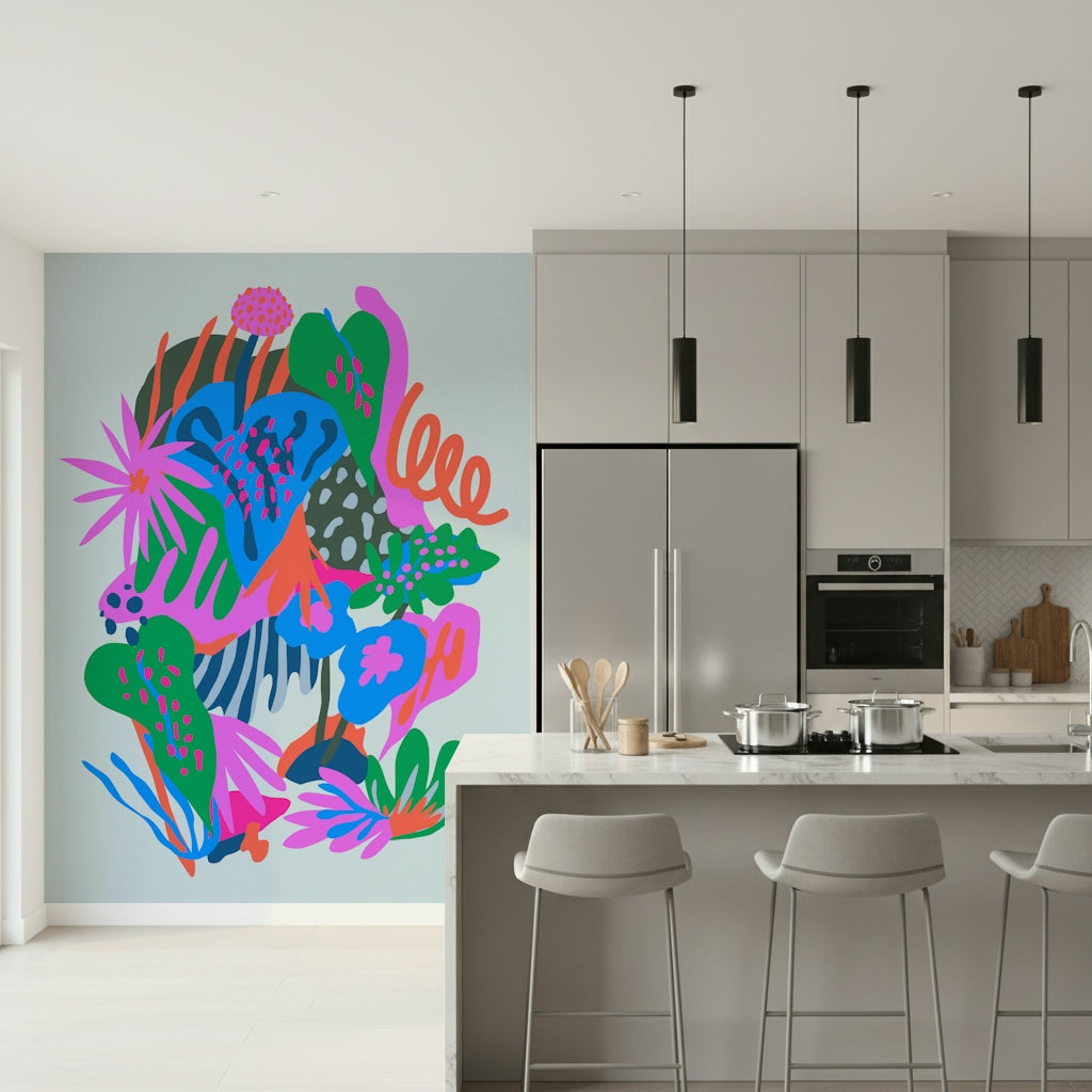 A graceful subtle bloom wall mural in rich, natural tones.