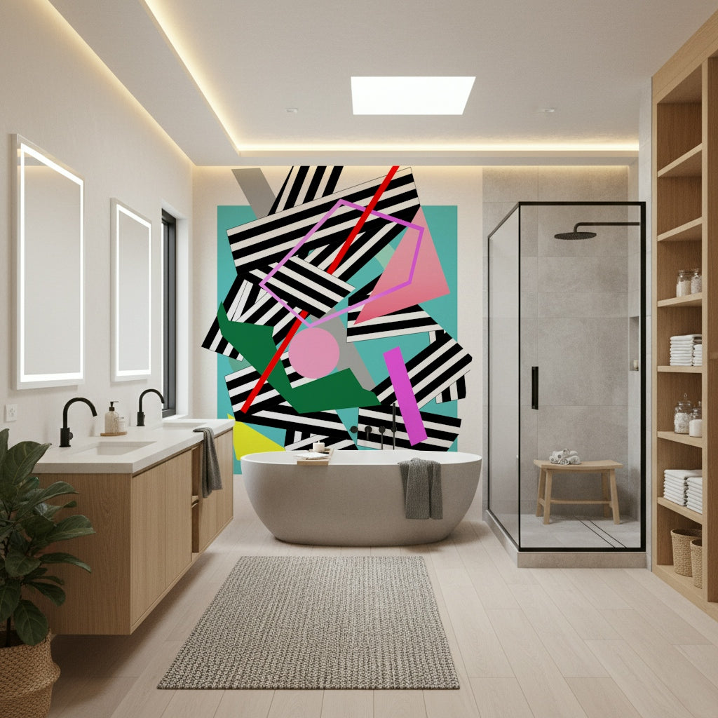 An artistic abstract line mural on minimalist wallpaper.

