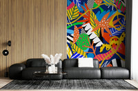 A peaceful wide-angle mural on decorative wallpaper.

