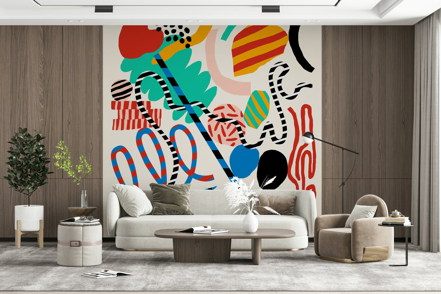 An artistic minimalist form mural for home decor.

