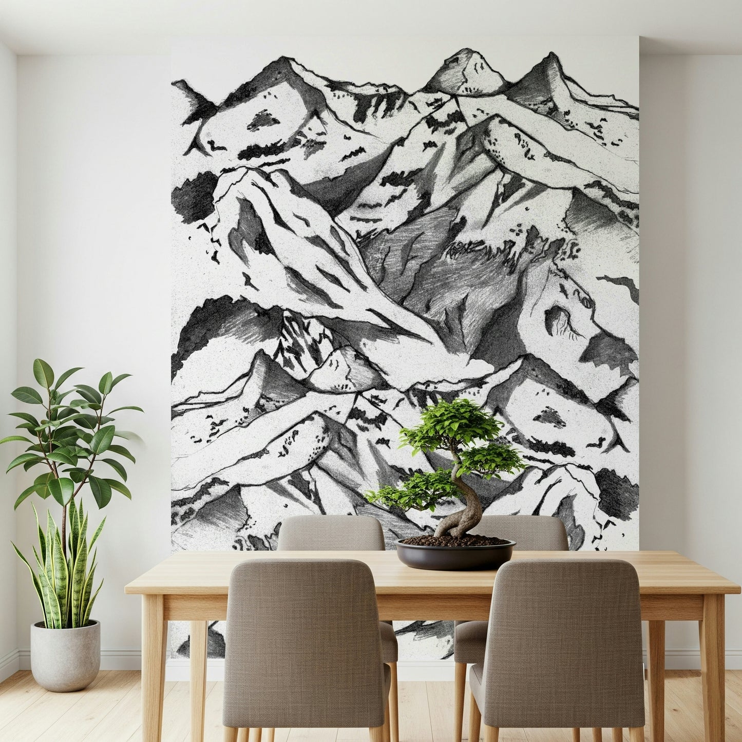 A calming serene mountain wallpaper mural that defines a space.


