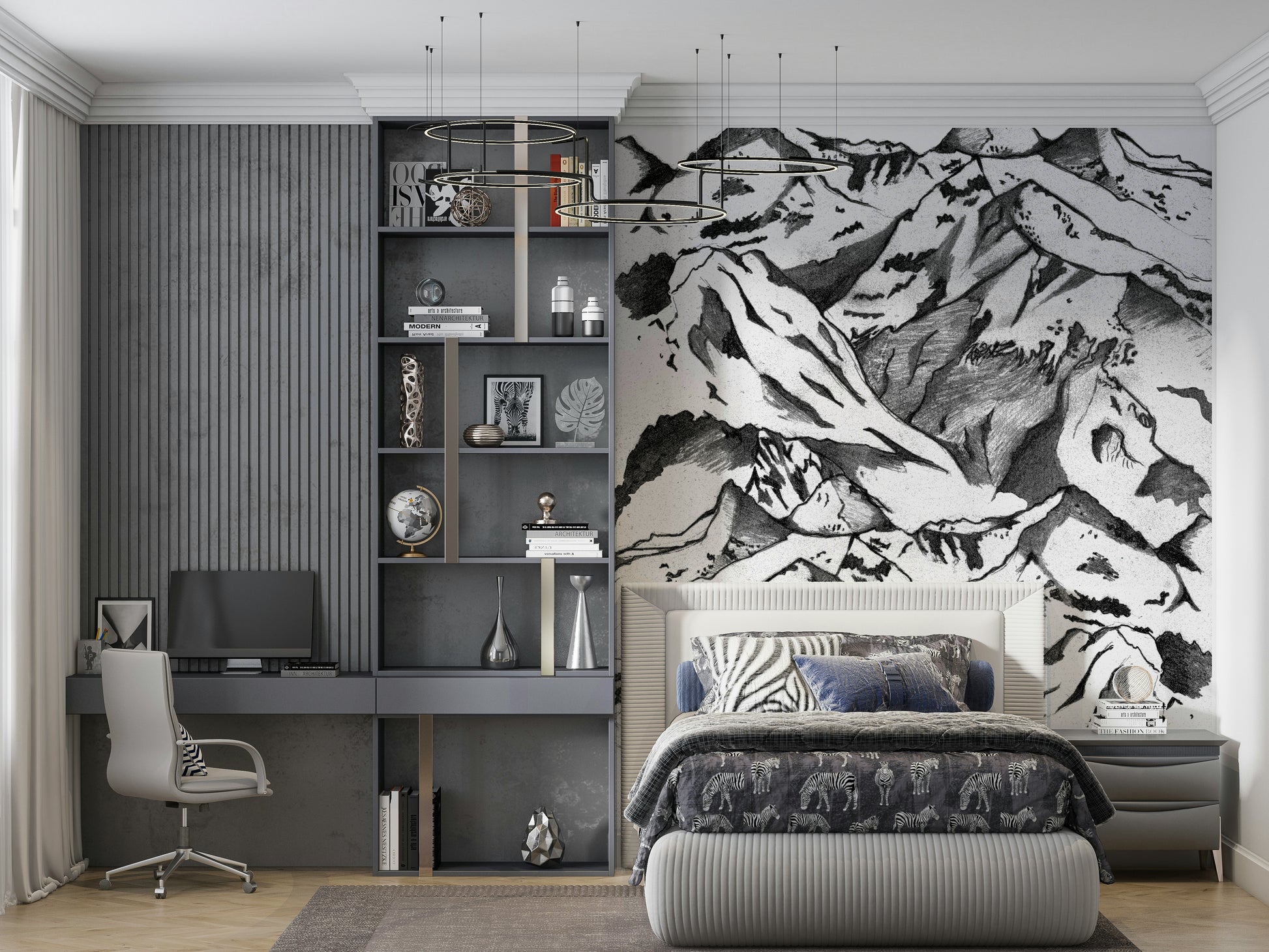 A graceful subtle mountain wall mural in cool, natural tones.

