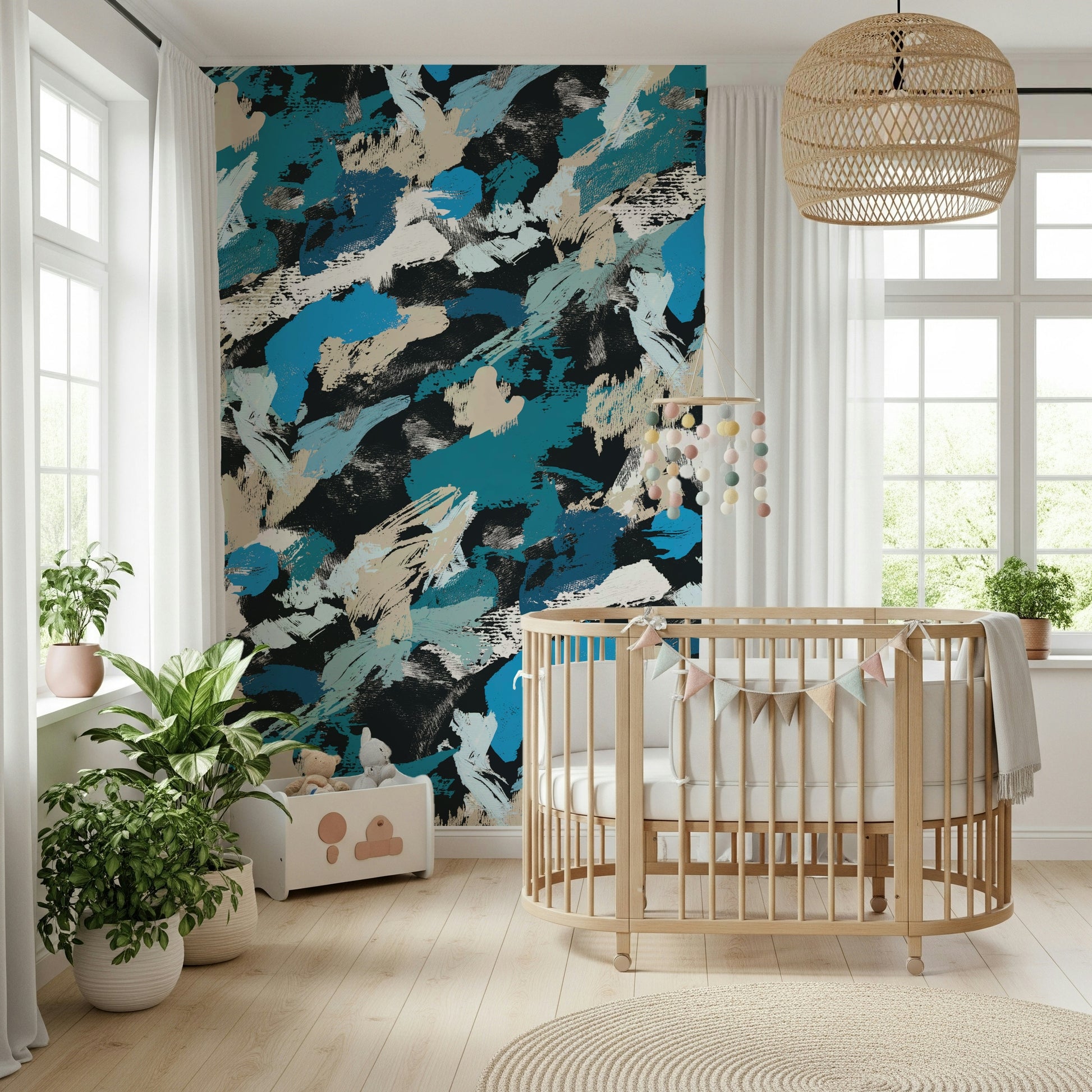 An artistic nocturne design mural on minimalist wallpaper.

