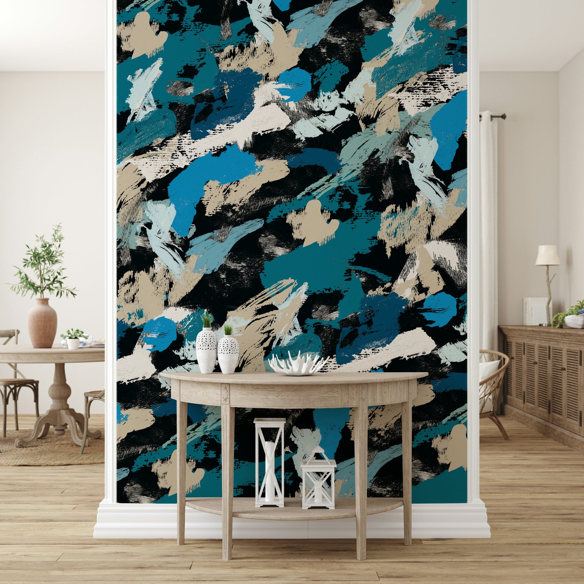 A calming abstract design wallpaper mural that defines a space.

