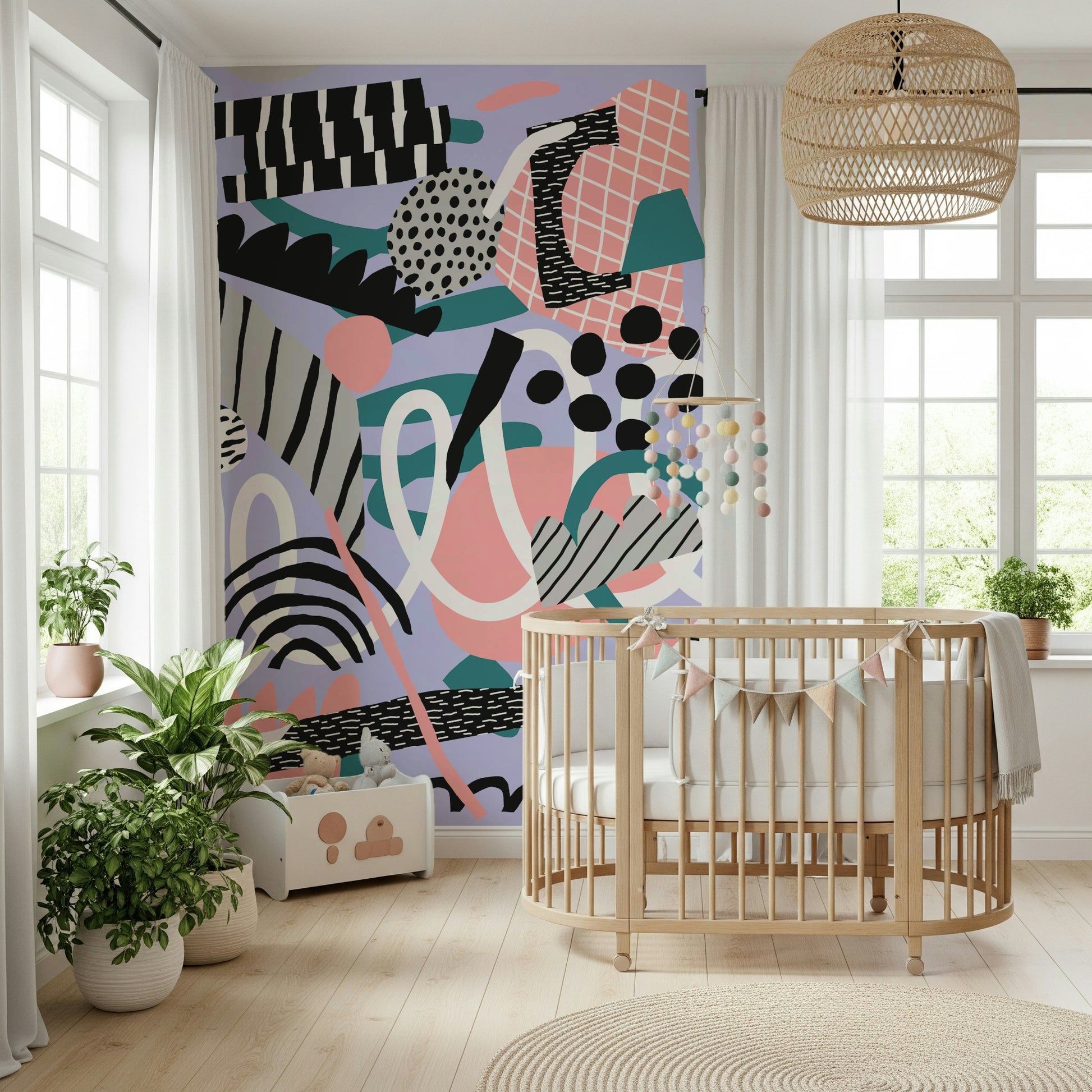 A peaceful geometric abstract mural on decorative wallpaper.

