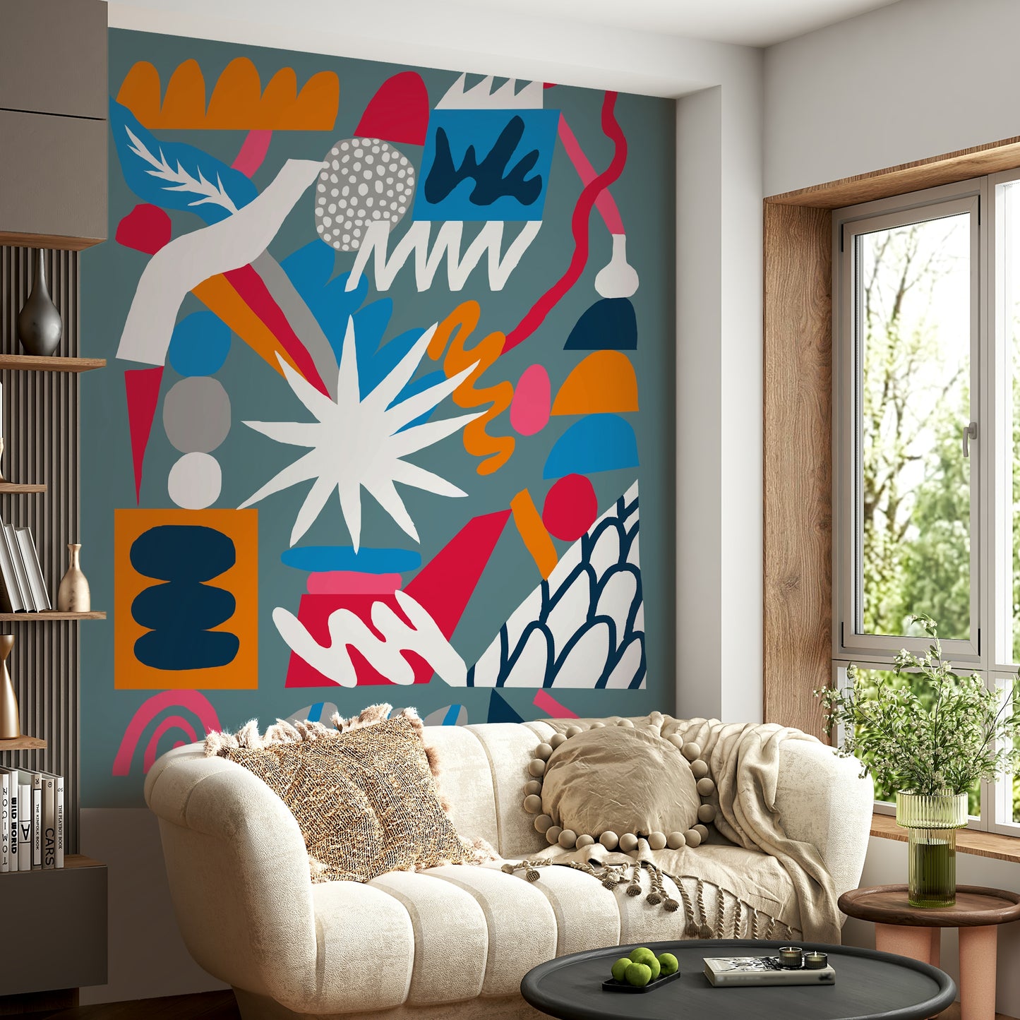 A beautiful modern art wall mural of a chemical reaction.

