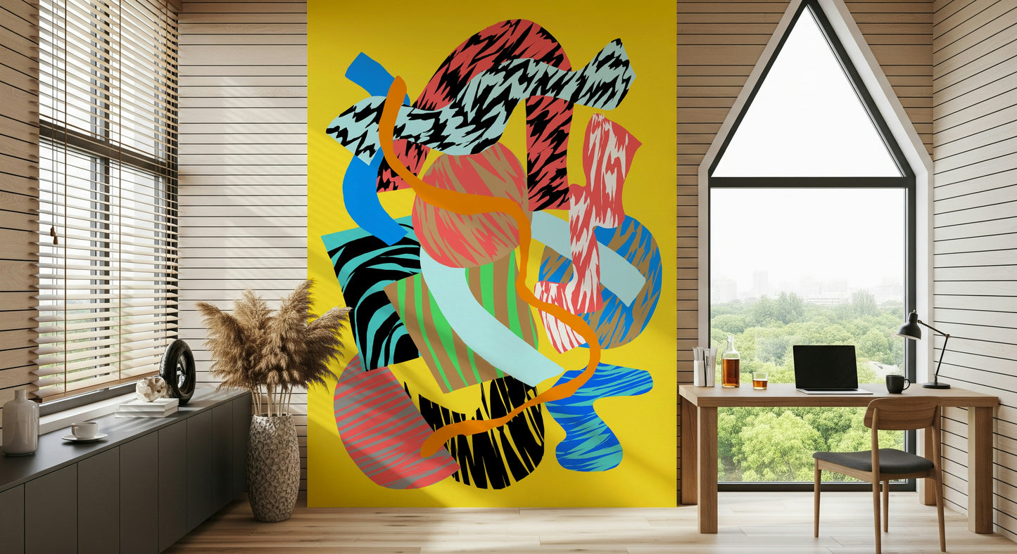 An artistic vibrant color mural on minimalist wallpaper.

