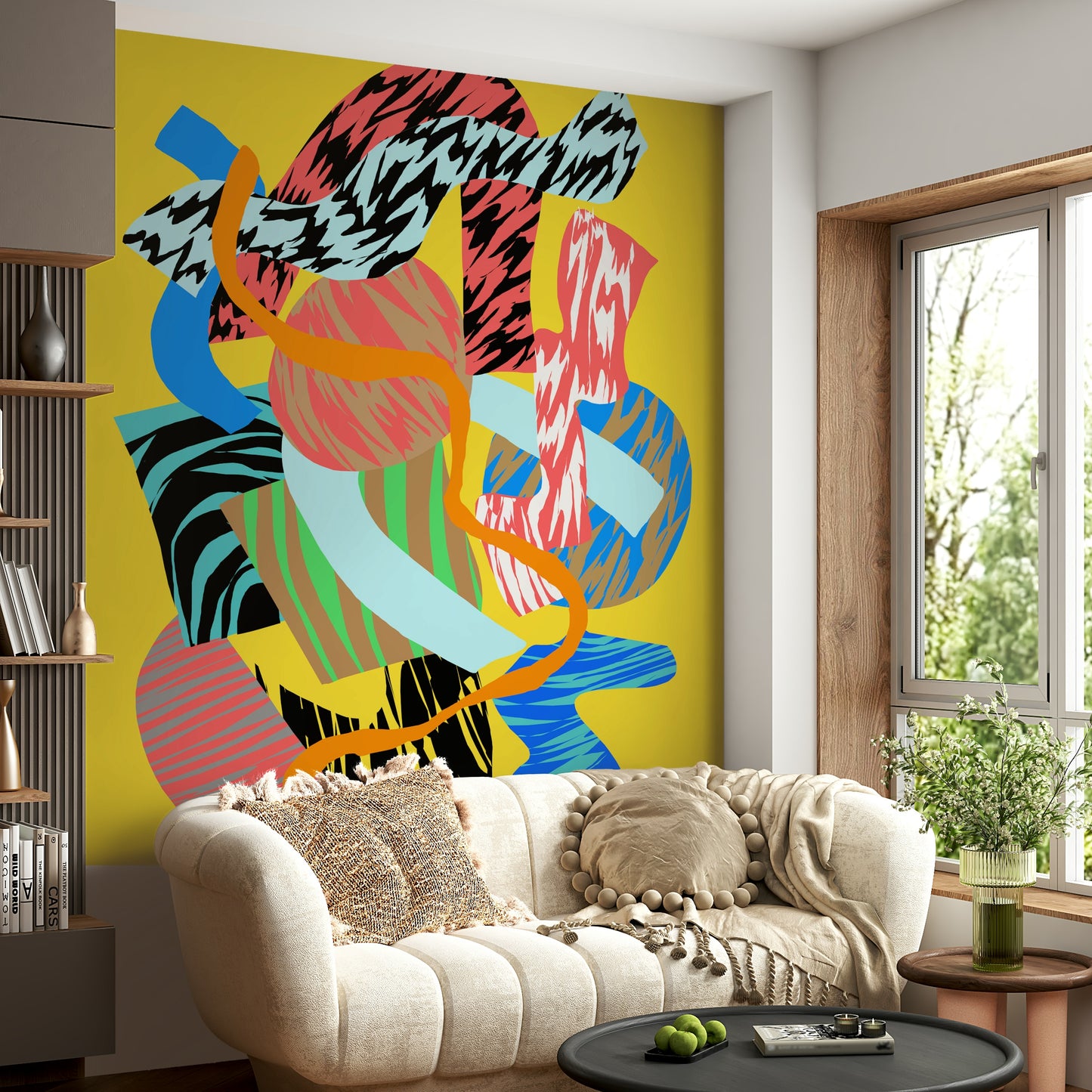 A contemplative lime green design wallpaper mural for a feature wall.

